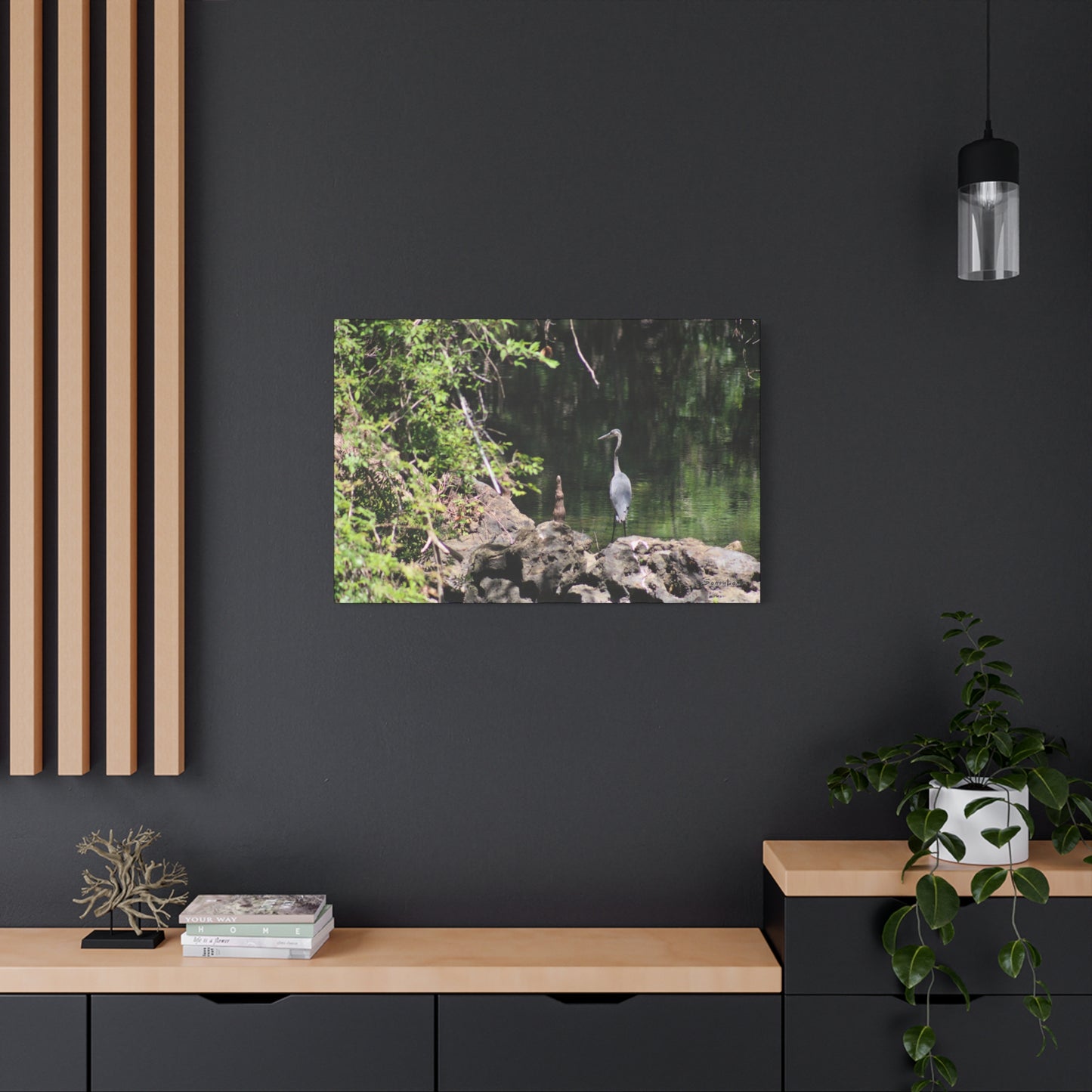Anhinga bird canvas art featuring a serene scene by the water in vibrant green hues