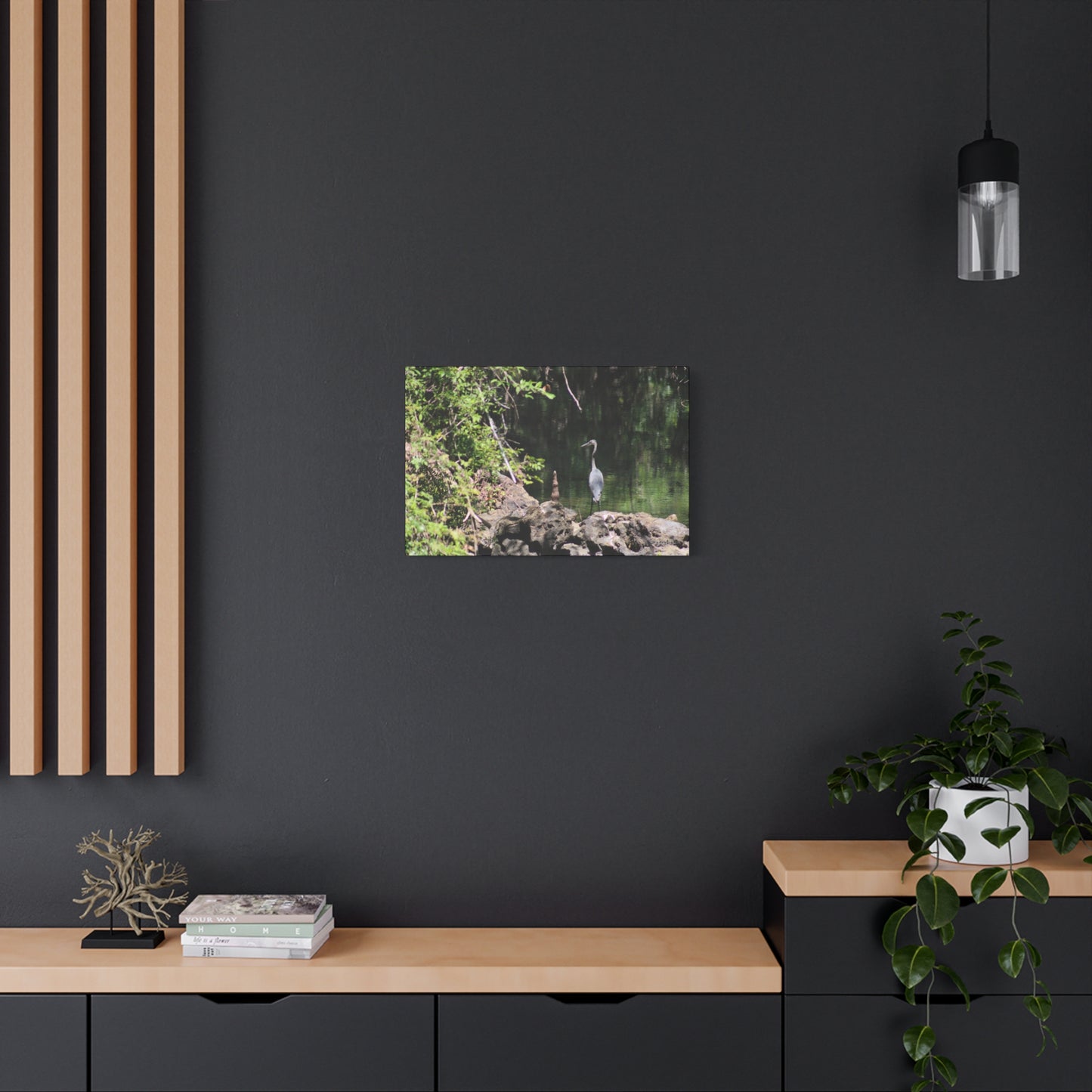 Anhinga bird canvas art featuring a serene scene of the bird by the water