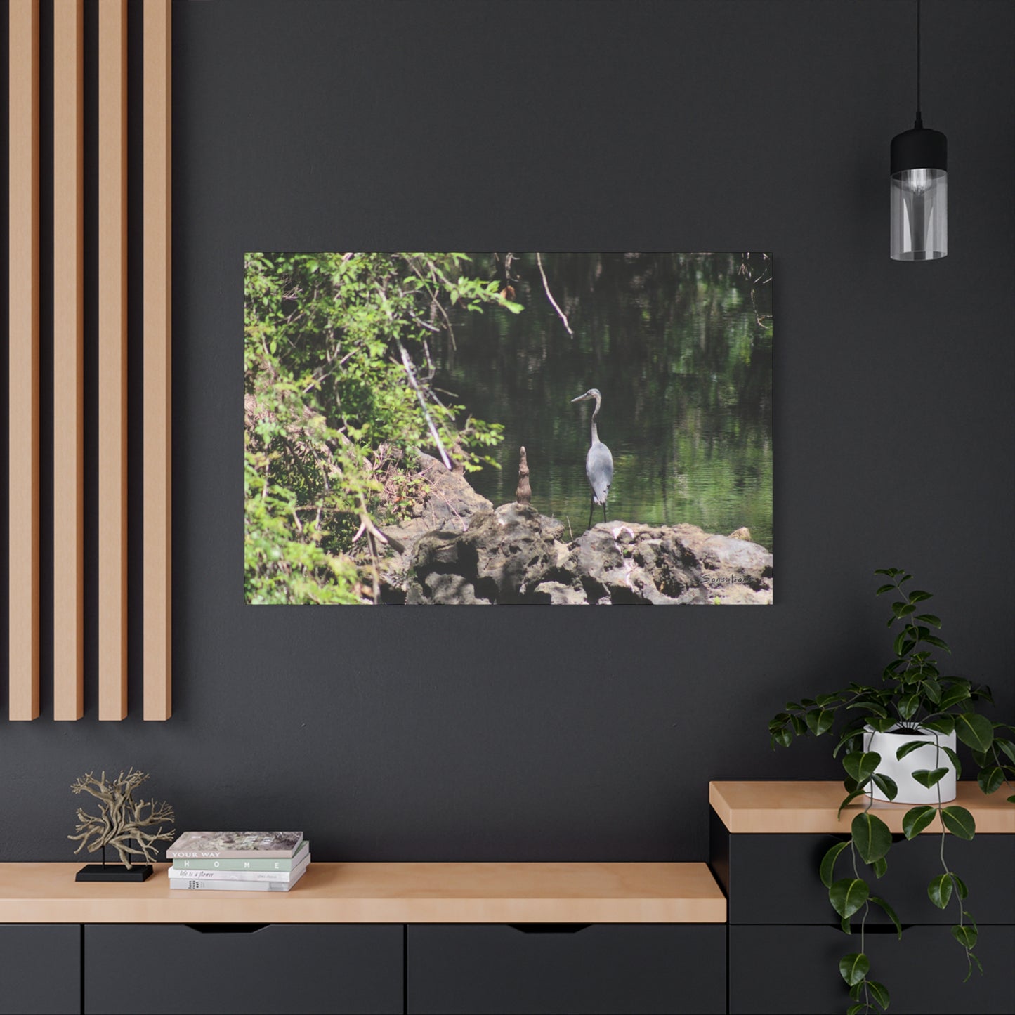 Anhinga bird canvas art featuring a serene scene of the bird near water among lush greenery