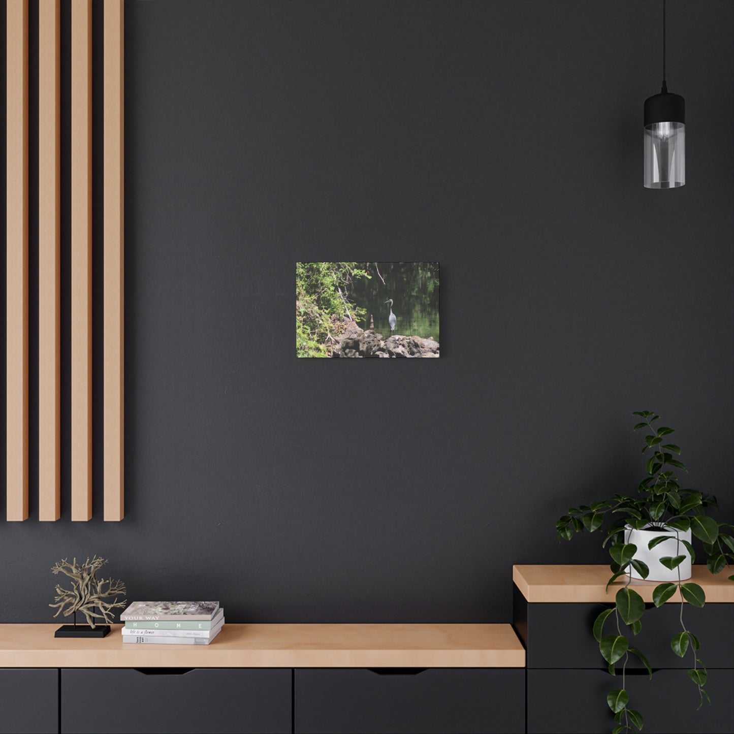 Anhinga bird canvas art displayed on a modern wall featuring natural decor elements