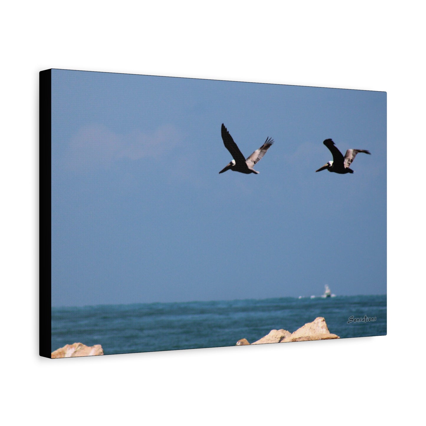 Coastal bird wall art featuring flying birds against a blue ocean background