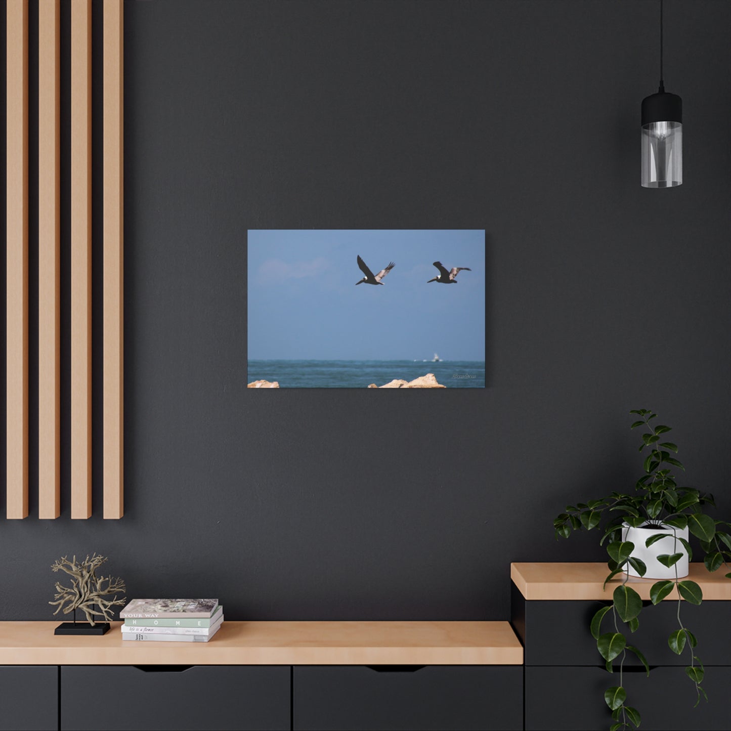 Coastal bird wall art featuring birds in flight above the ocean against a serene blue sky