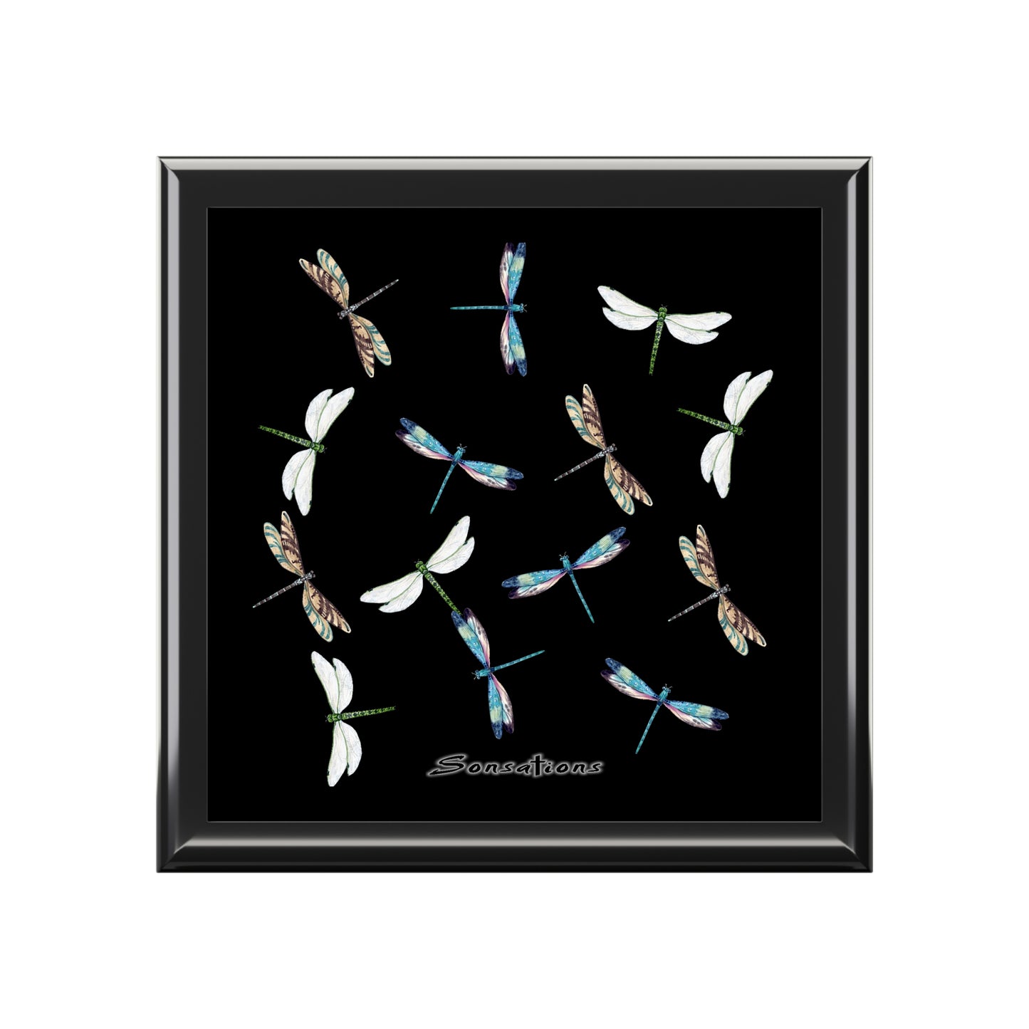 Decorative dragonfly jewelry box with vibrant designs on a black background