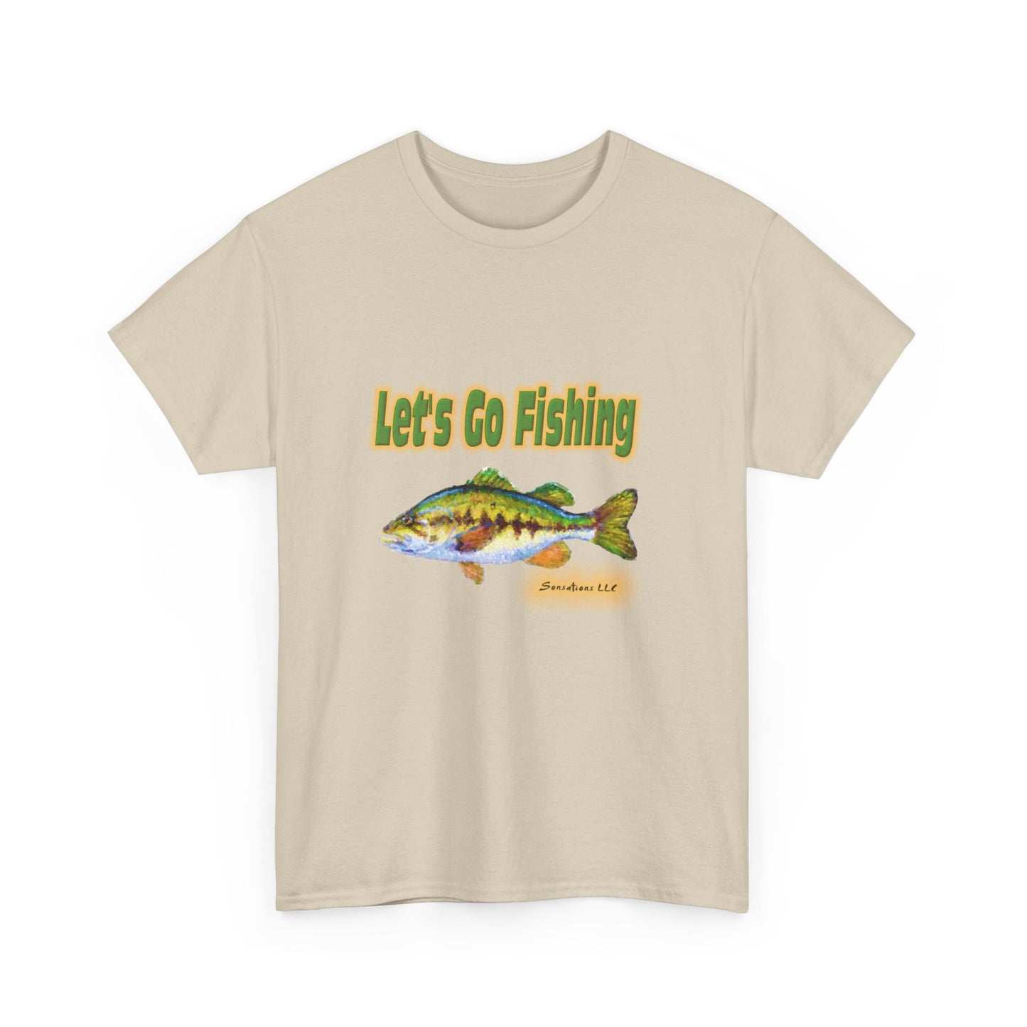 Heavy cotton fishing tee featuring a colorful fish illustration and the phrase Let's Go Fishing