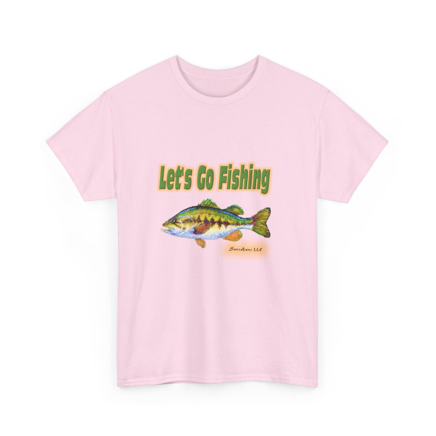 Pink heavy cotton fishing tee featuring a colorful fish and 'Let's Go Fishing' text design