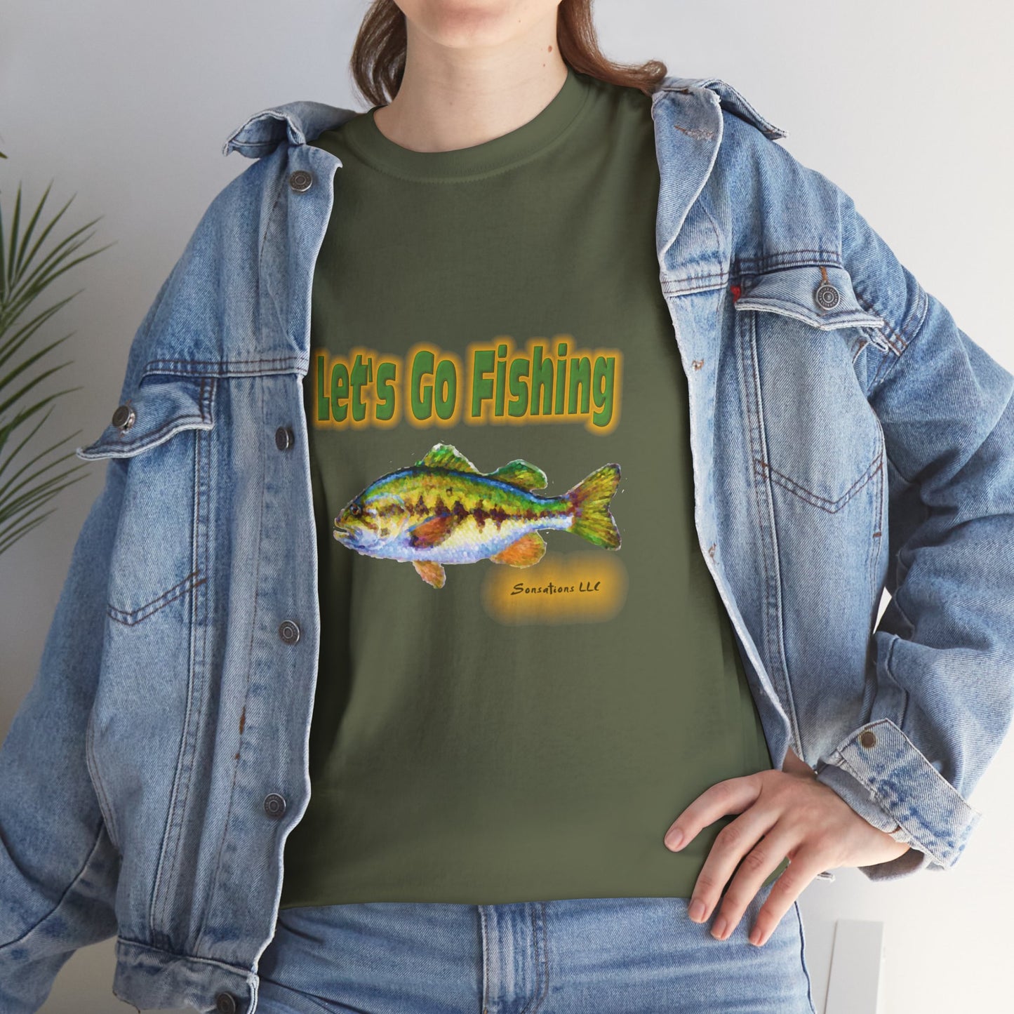 Heavy cotton fishing tee featuring a colorful fish design and the phrase Let's Go Fishing