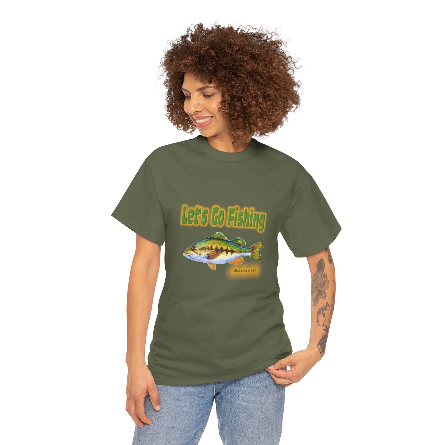 Heavy cotton fishing tee in green featuring a vibrant 'Let's Go Fishing' graphic
