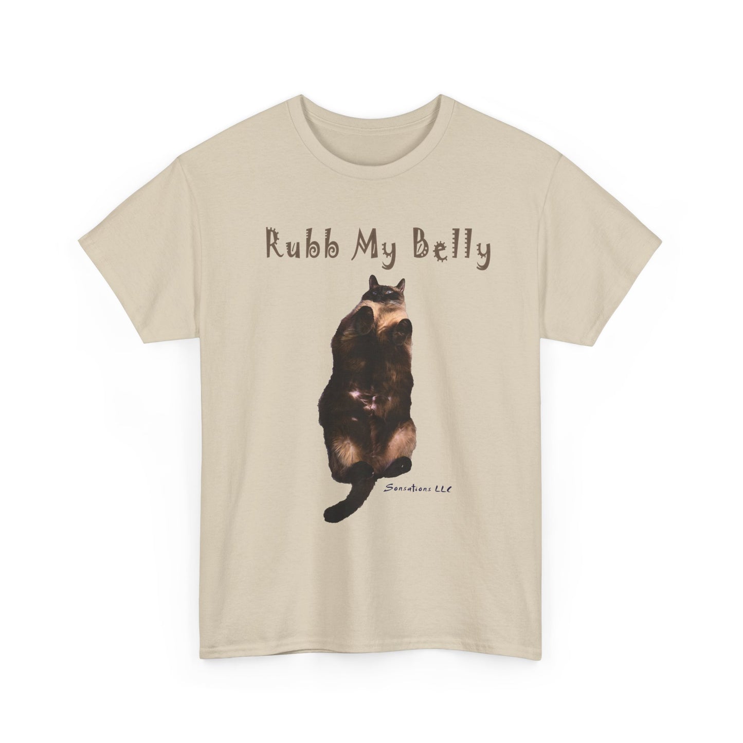 Funny graphic t-shirts for gifts featuring a playful cat design with the text Rubb My Belly2