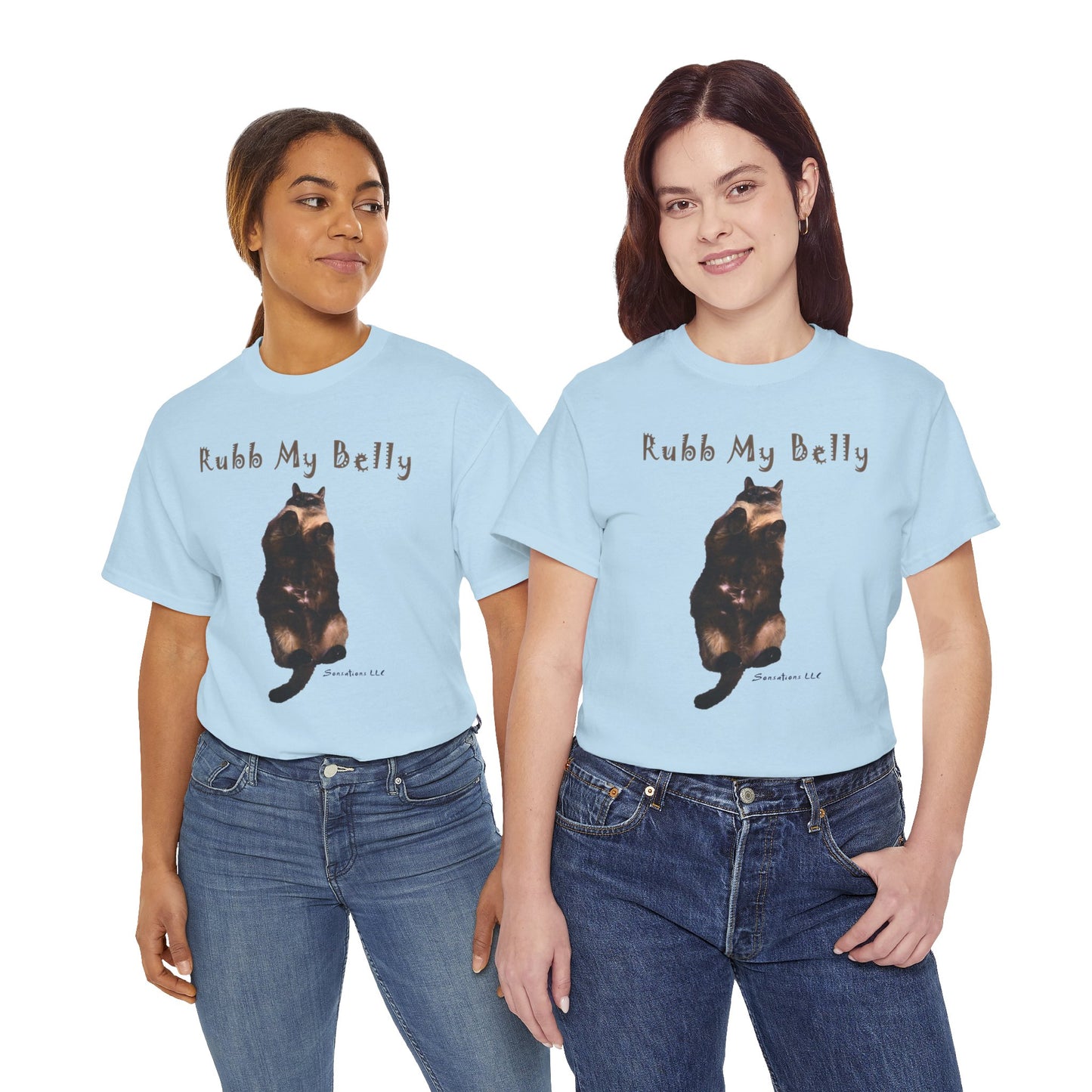 Light blue funny graphic t-shirts for gifts featuring a cat and the text Rubb My Belly