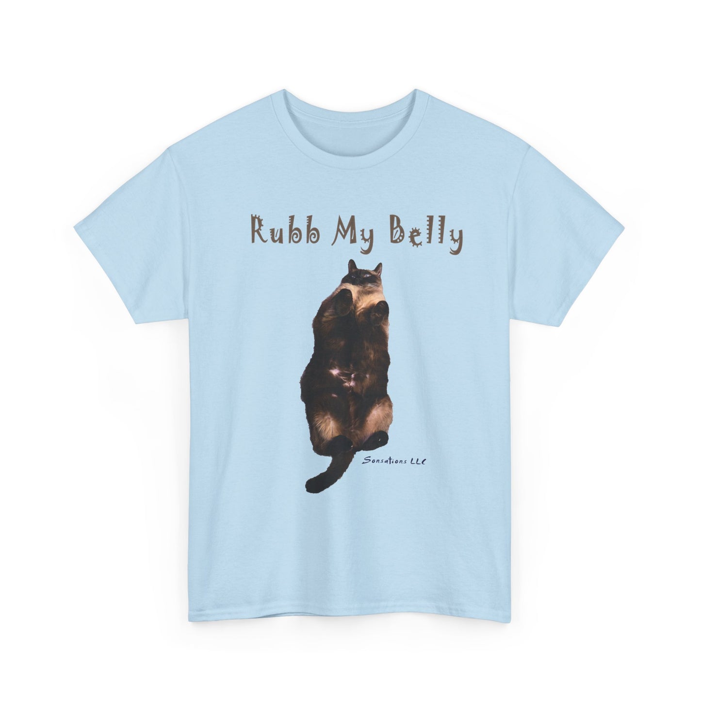 Light blue funny graphic t-shirt for gifts featuring a playful cat illustration and the text Rubb My Belly