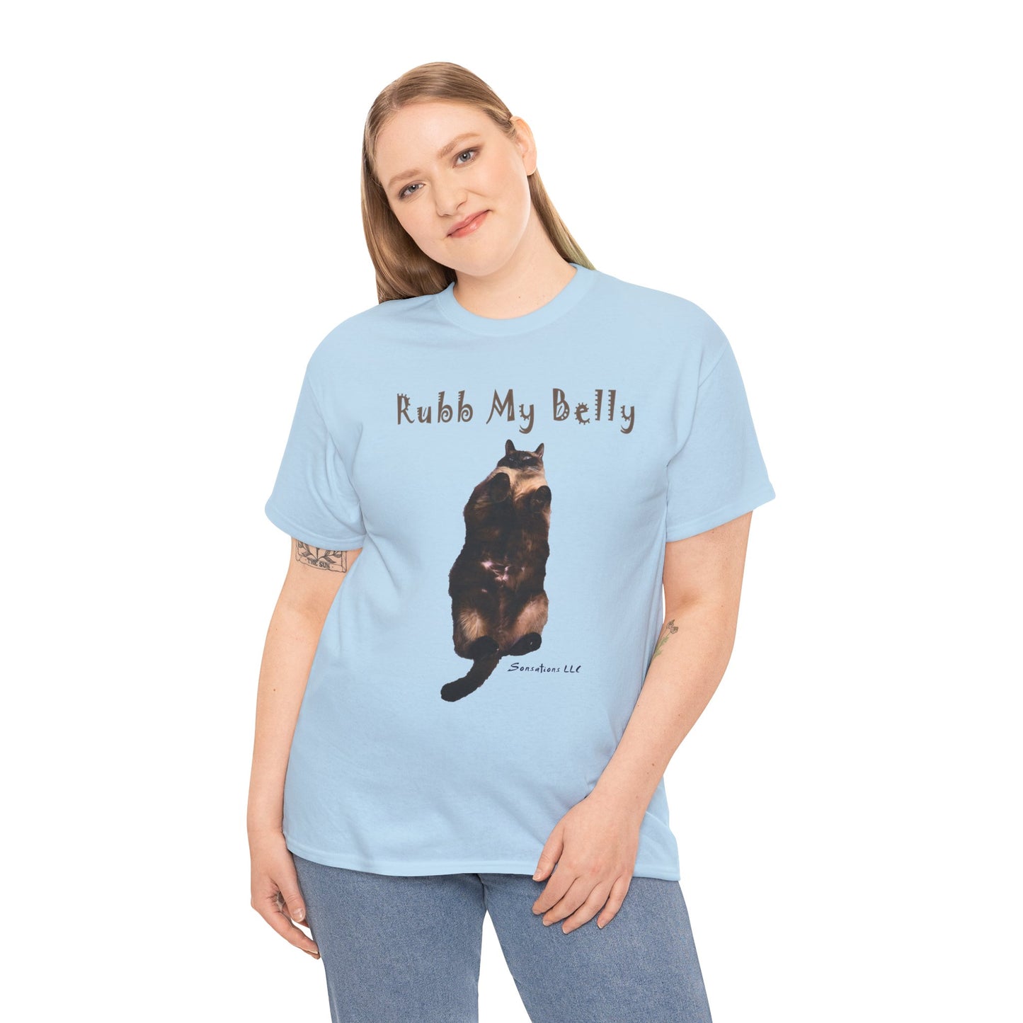 Funny graphic t-shirts for gifts featuring a cat illustration and the text Rub My Belly