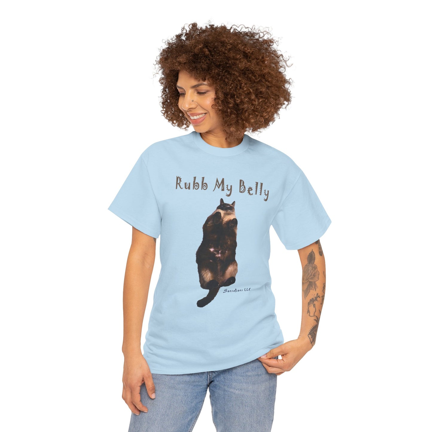 Funny graphic t-shirts for gifts featuring a playful cat design that says Rub My Belly3