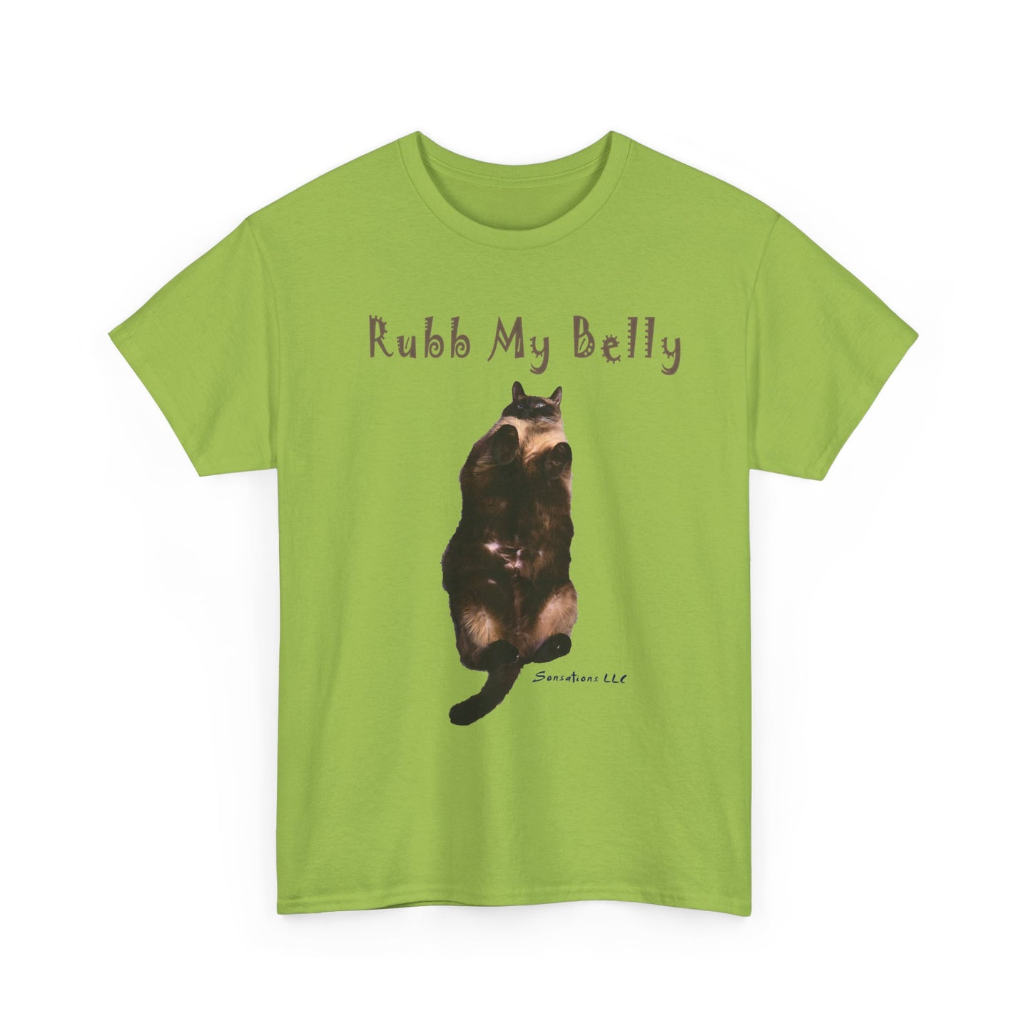 Funny graphic t-shirts for gifts featuring a playful cat design with the text Rub My Belly