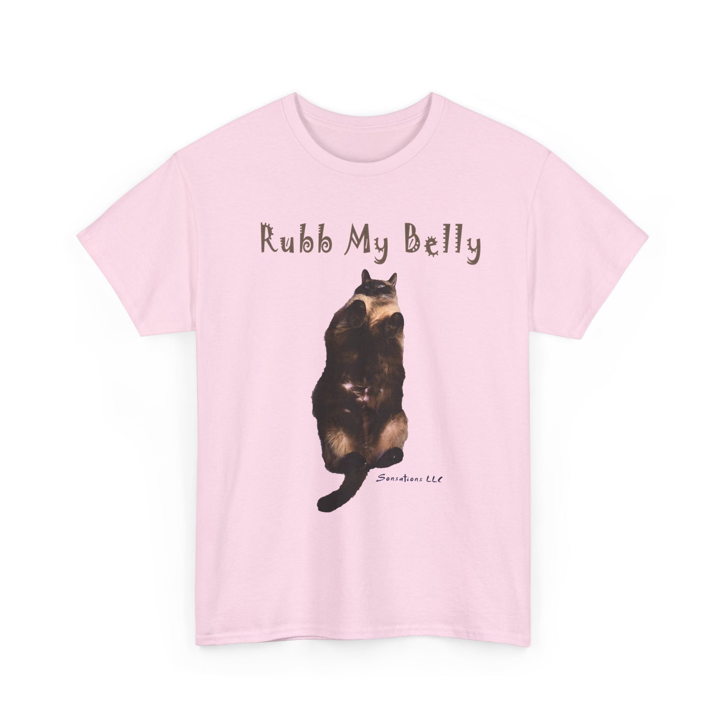 Funny graphic t-shirts for gifts featuring a cute cat design that says Rub My Belly