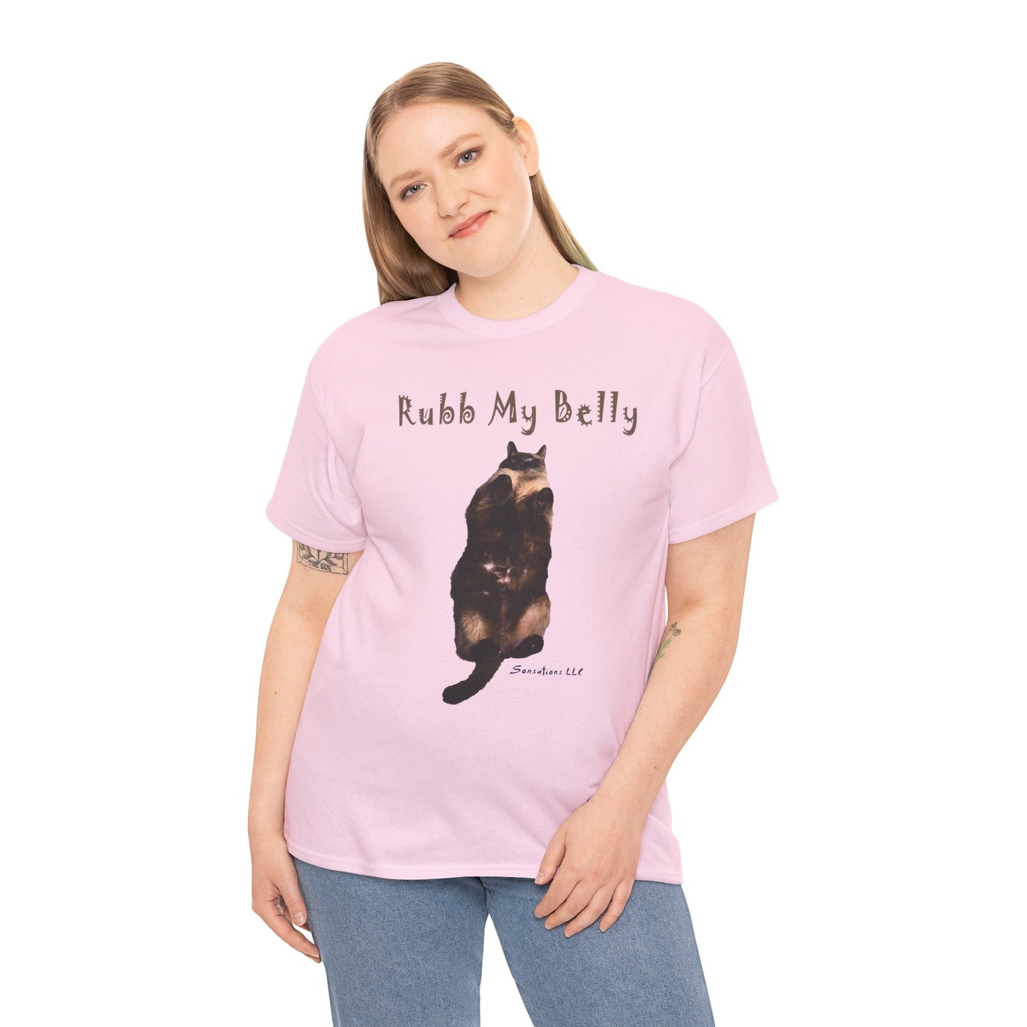 Funny graphic t-shirts for gifts featuring a cat design with the text Rubb My Belly.