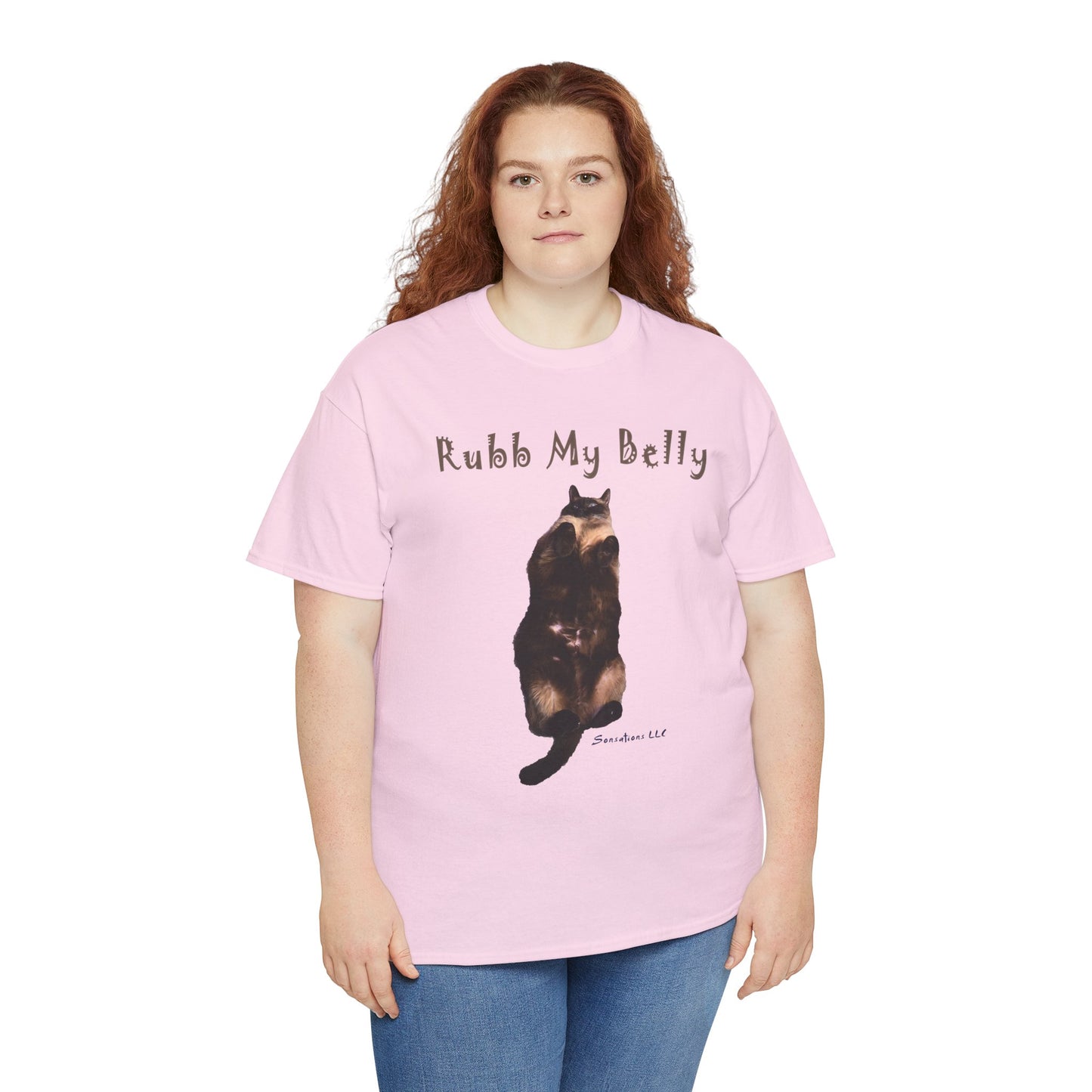 Funny graphic t-shirts for gifts featuring a cat design with the text Rubb My Belly