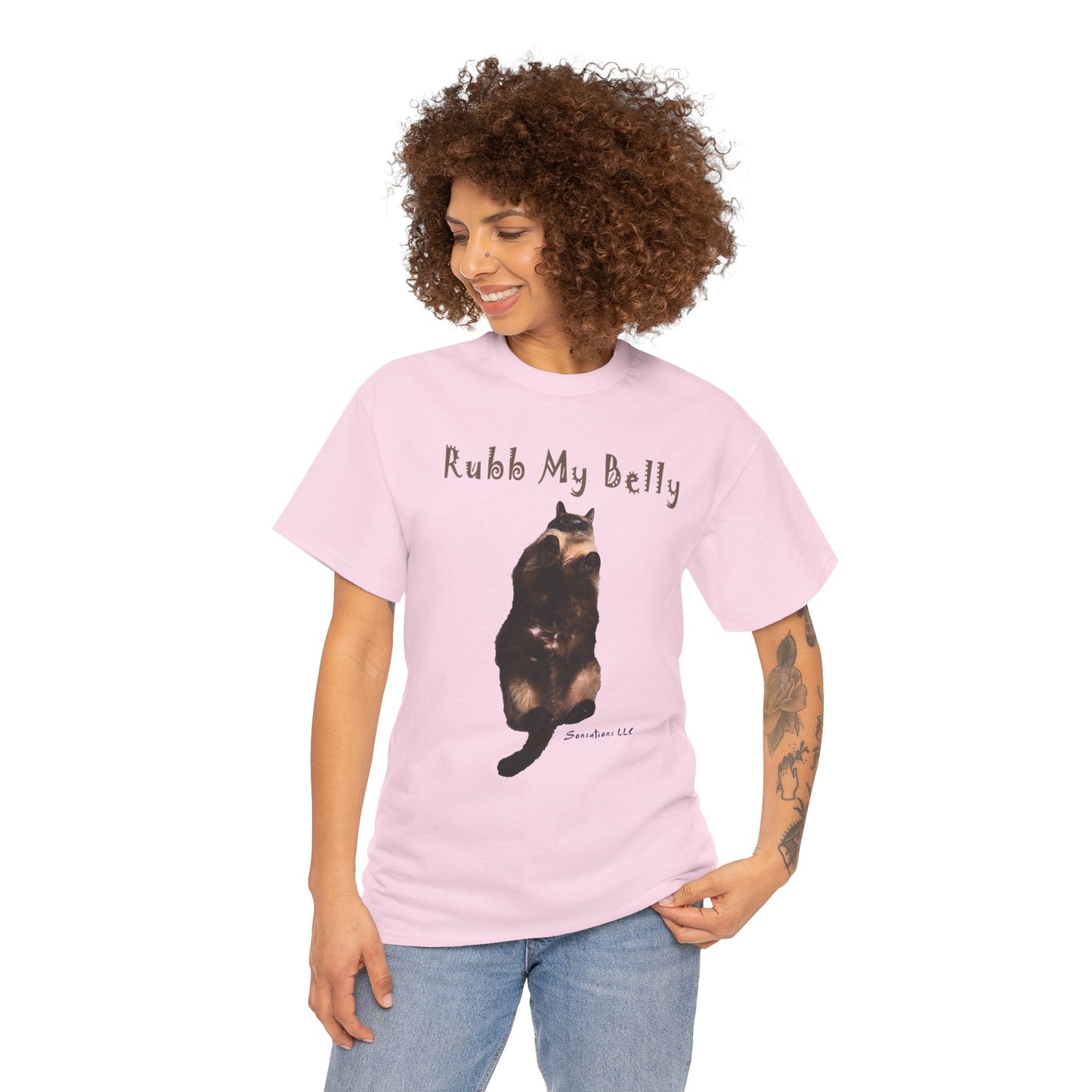 Funny graphic t-shirts for gifts featuring a cute cat design with the text Rubb My Belly