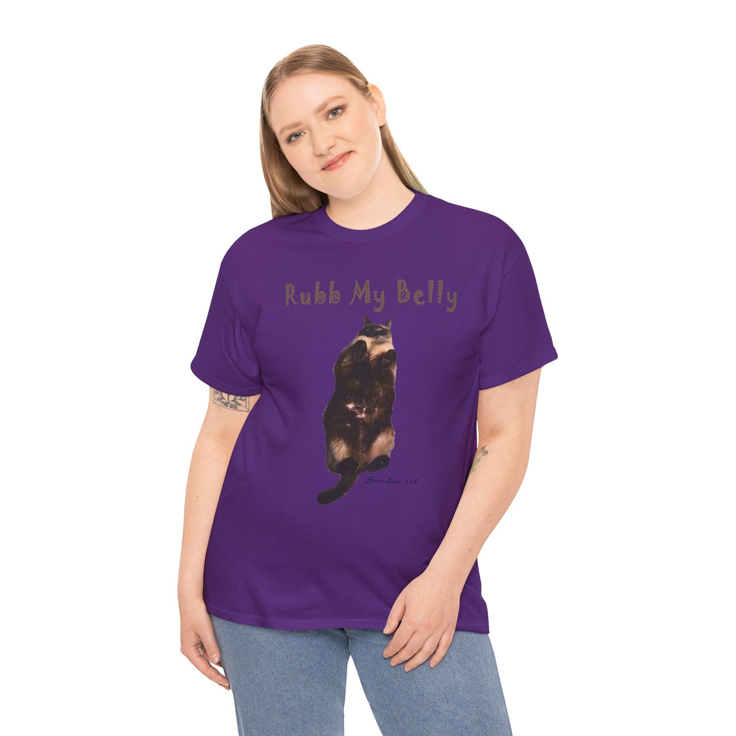 Funny graphic t-shirts for gifts featuring a playful cat design that says Rubb My Belly