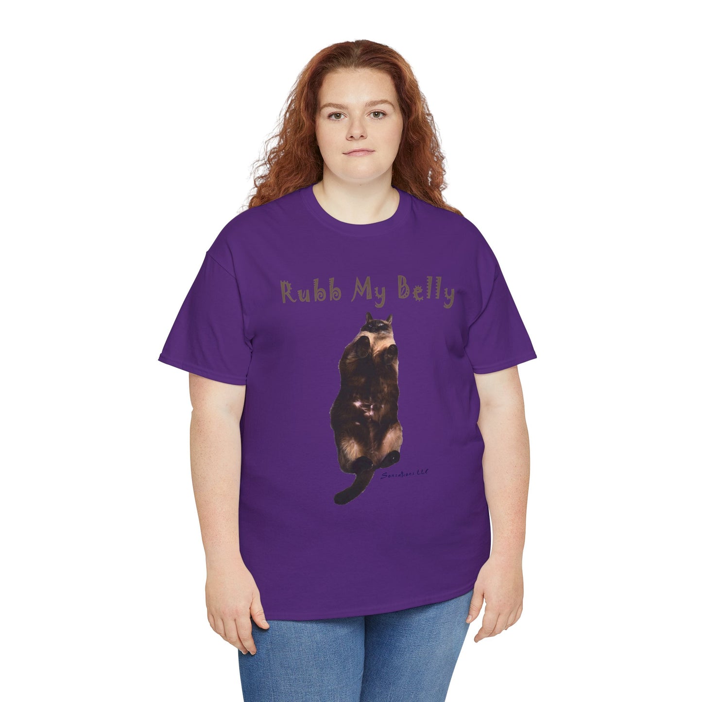 Funny graphic t-shirts for gifts featuring a fun cat design with the text Rubb My Belly