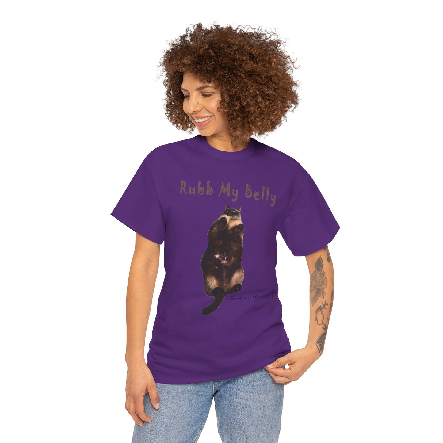 Funny graphic t-shirts for gifts featuring a playful cat design that says Rub My Belly