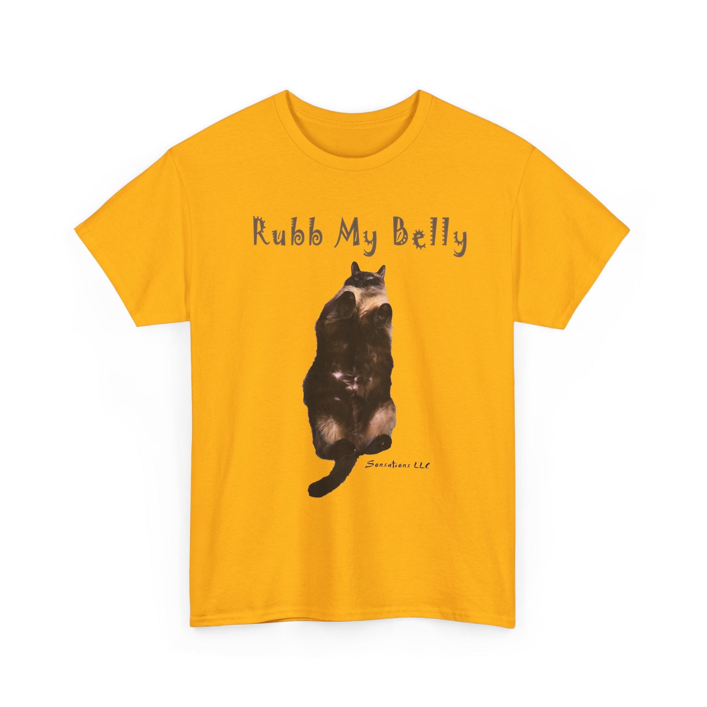 Funny graphic t-shirts for gifts featuring a playful cat with the text Rub My Belly on a vibrant yellow background