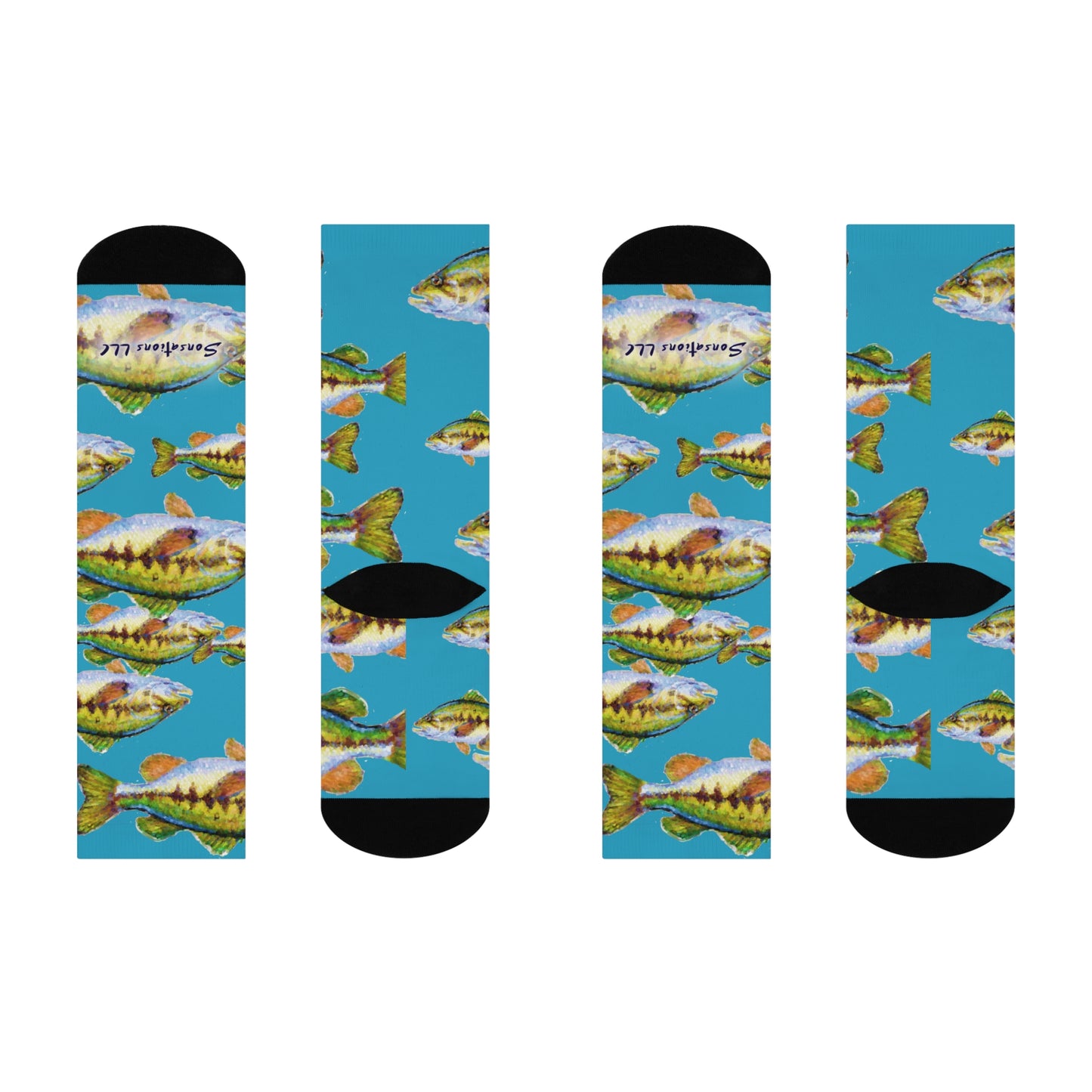 Colorful all over print gift socks for anglers featuring a fish pattern on a blue background