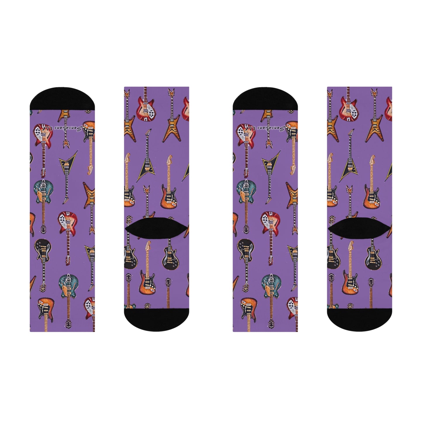 Guitar themed socks with vibrant purple background featuring various guitar designs