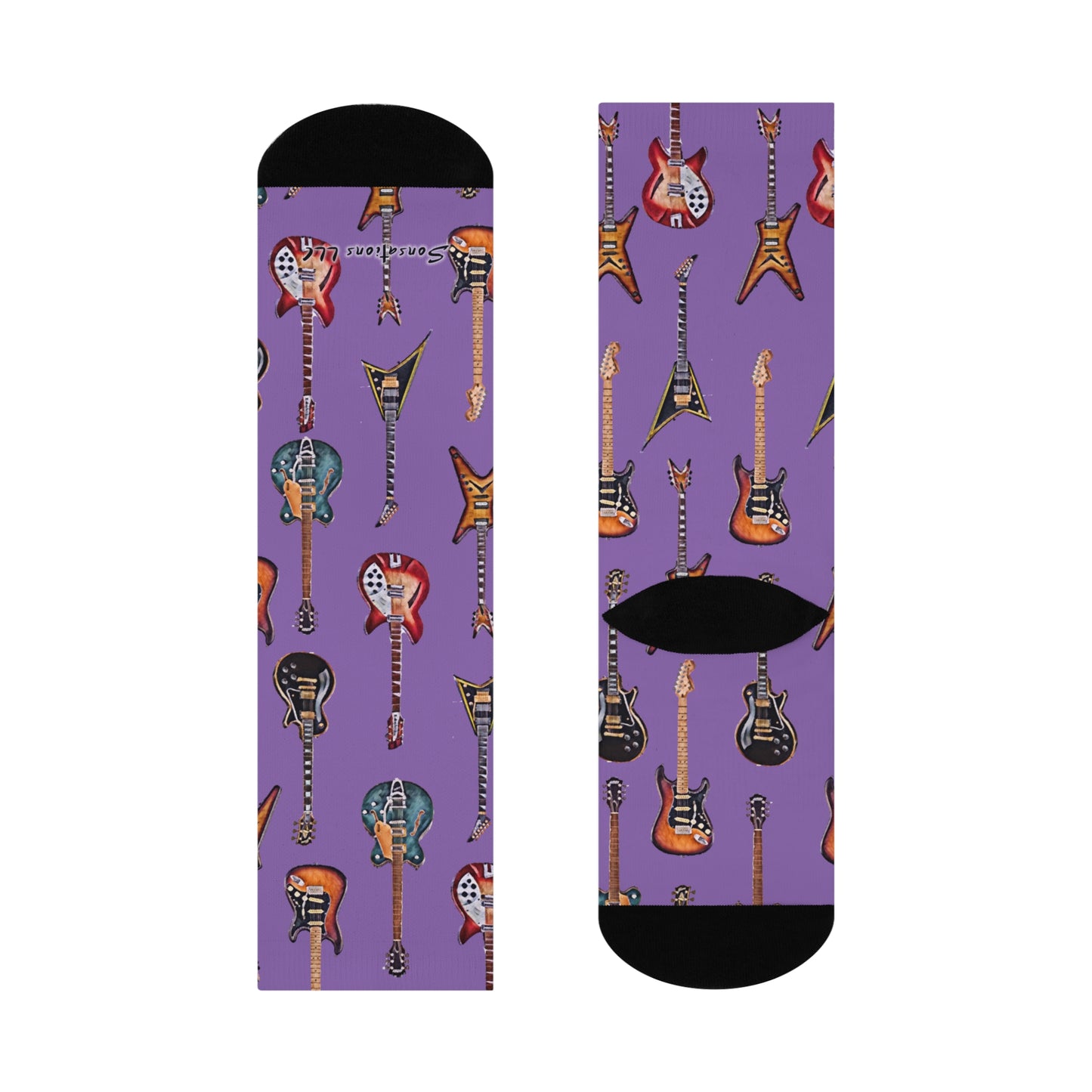 Colorful guitar themed socks with a vibrant design featuring various guitars on a purple background