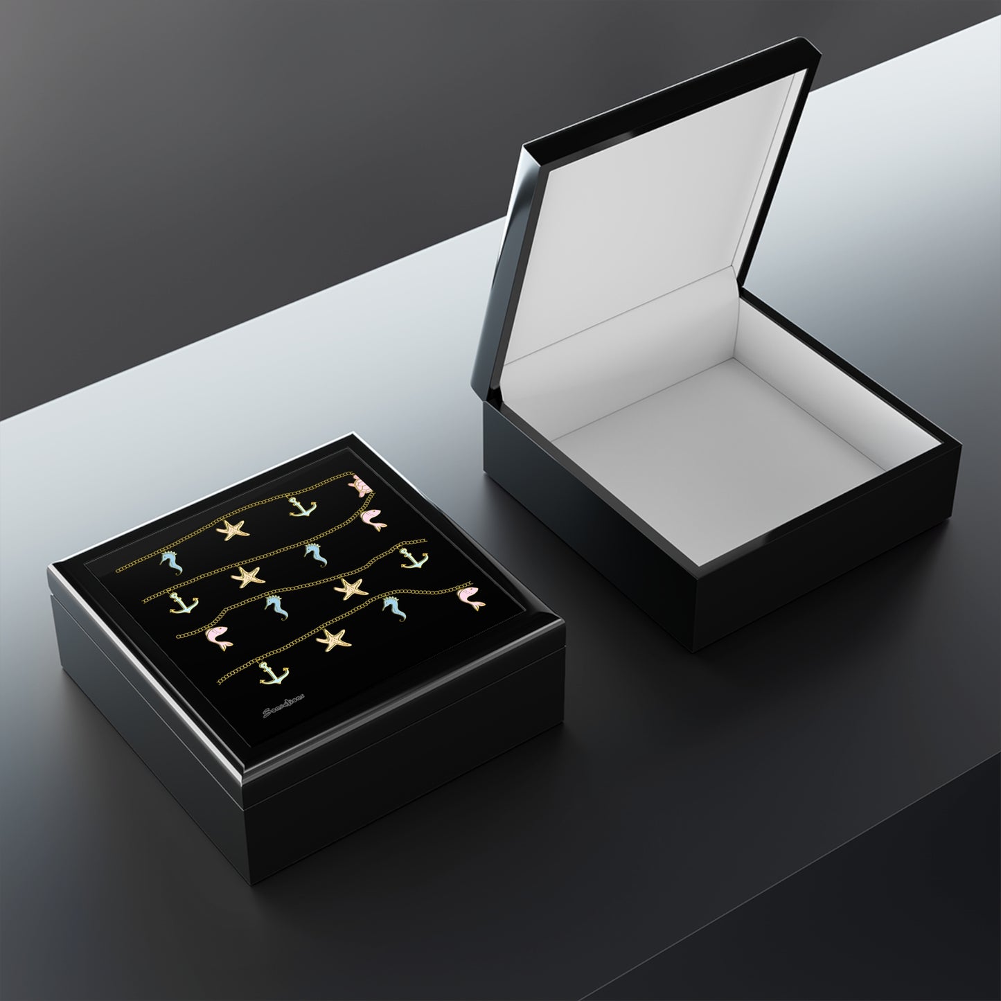 Elegant inspirational jewelry box with a sleek design and a vibrant interior for cherished keepsakes