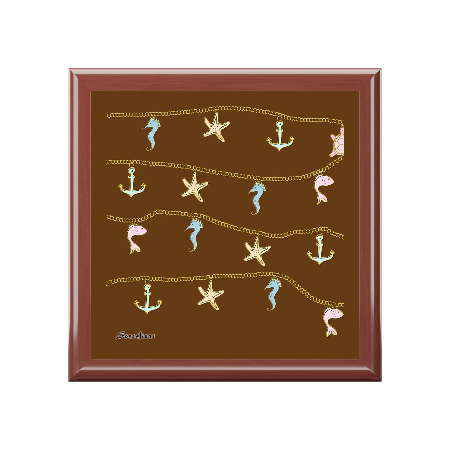 Decorative brown inspirational jewelry box with sea-themed designs including anchors and sea creatures