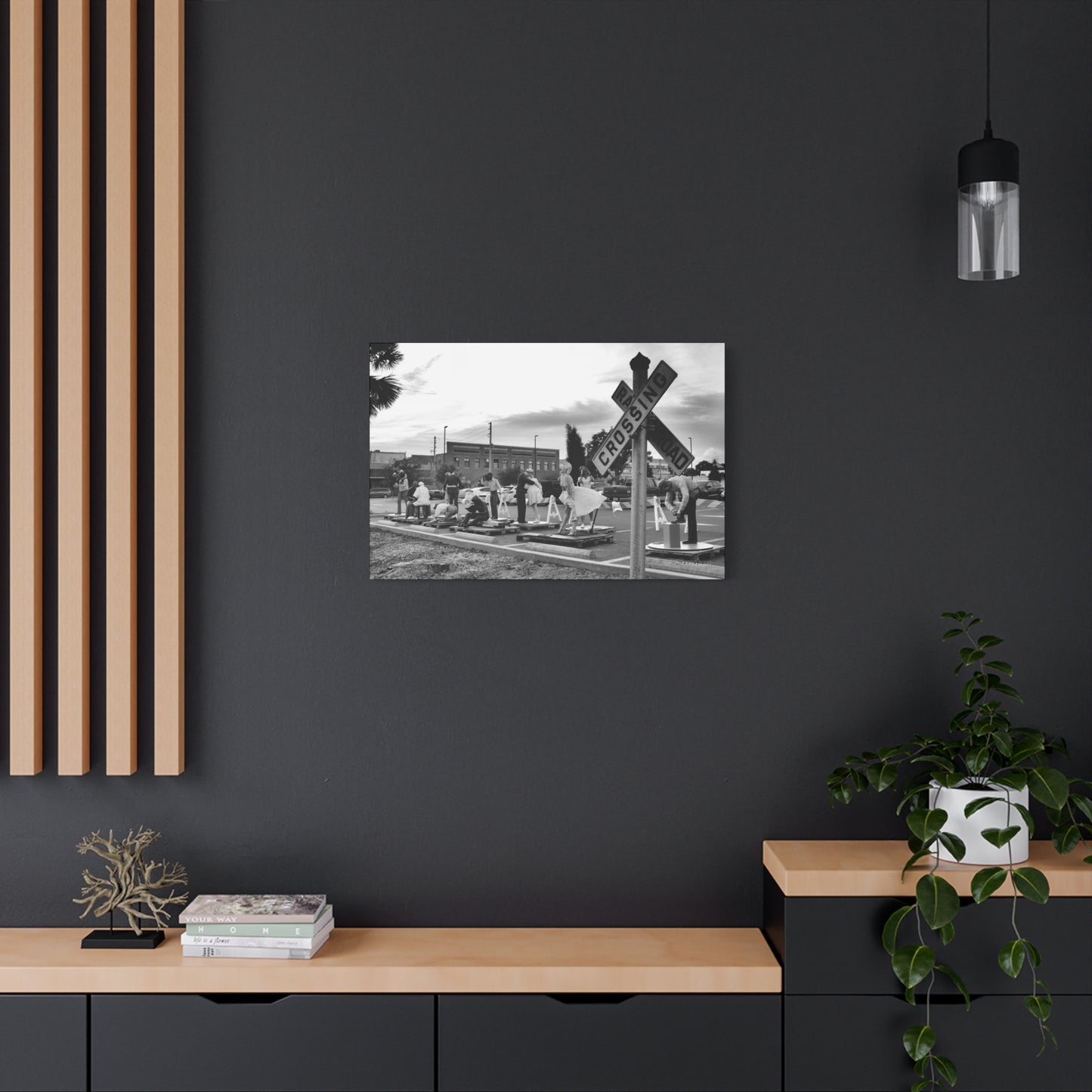 Black and white Marilyn Monroe canvas art displayed on a modern wall