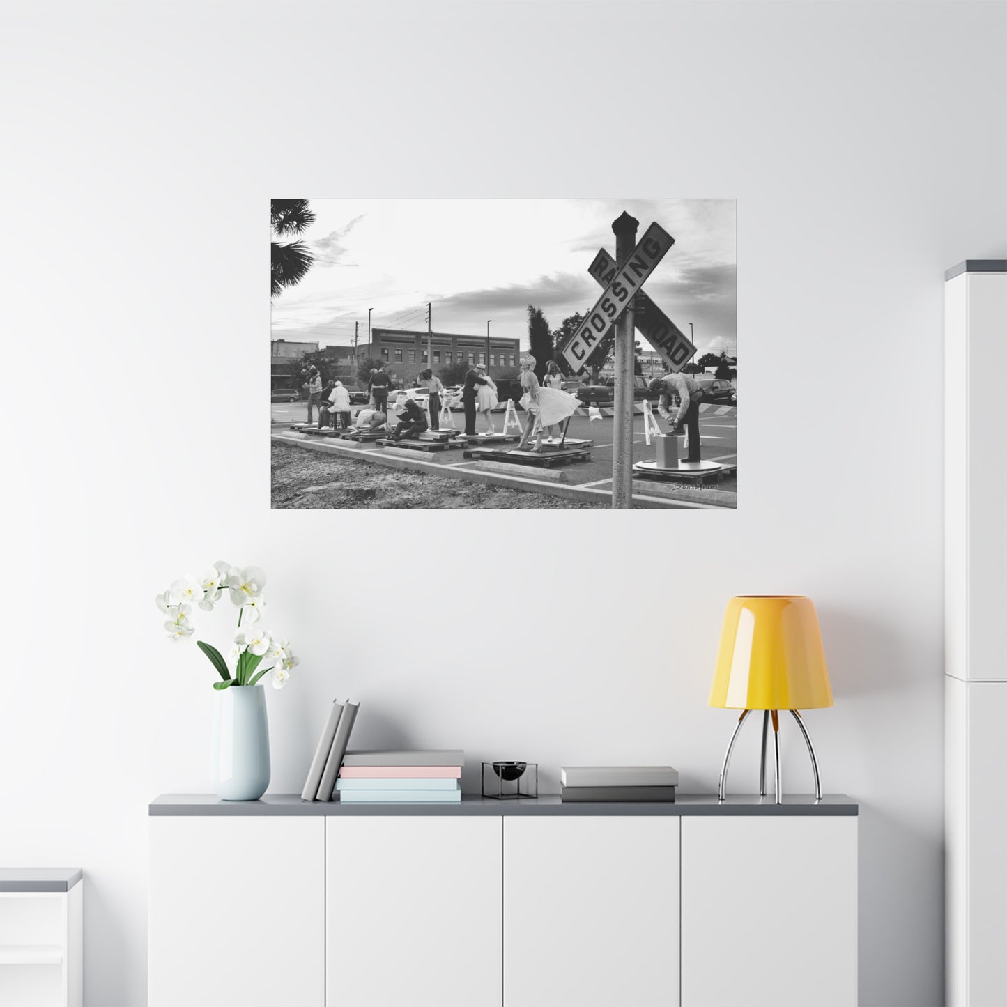 Monochrome Marilyn Monroe canvas art featuring a vintage street scene for stylish decor
