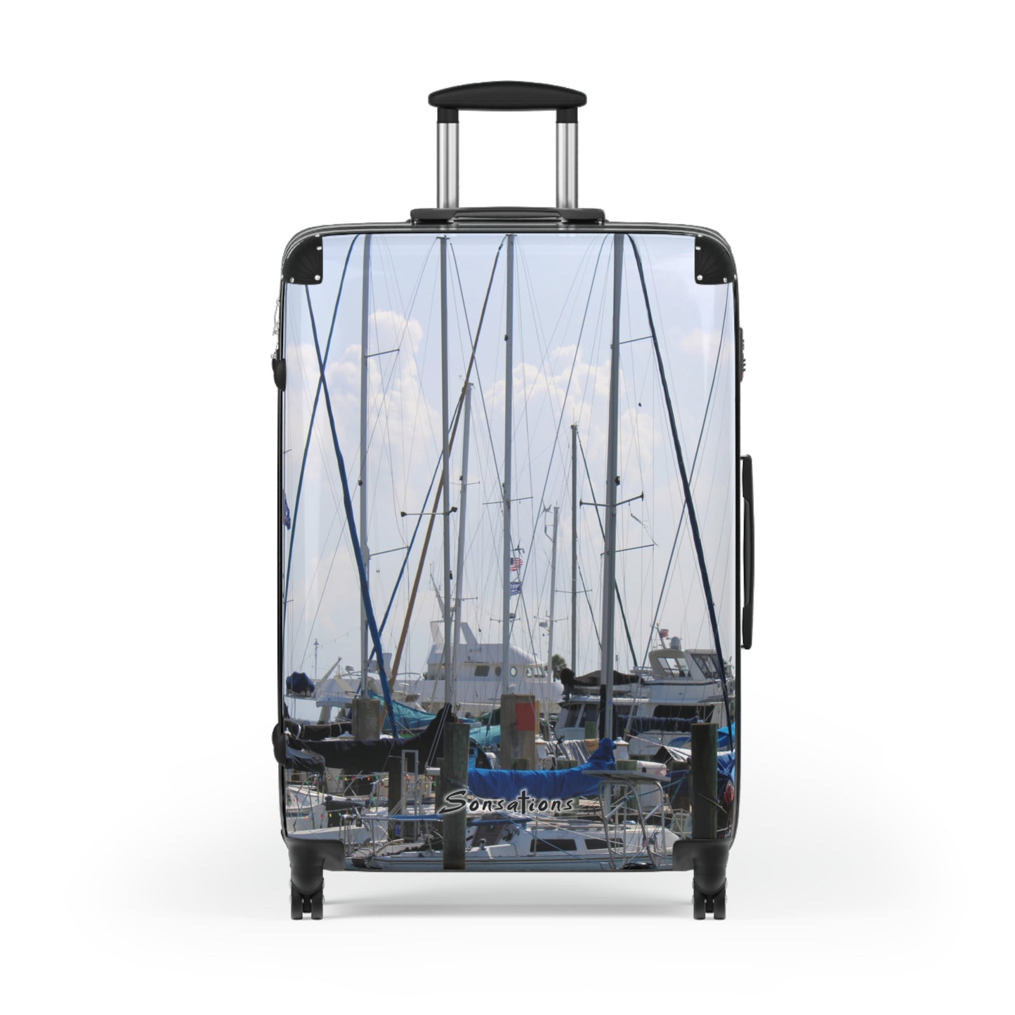 Stylish nautical design suitcase travel luggage featuring a marina with sailboats and masts