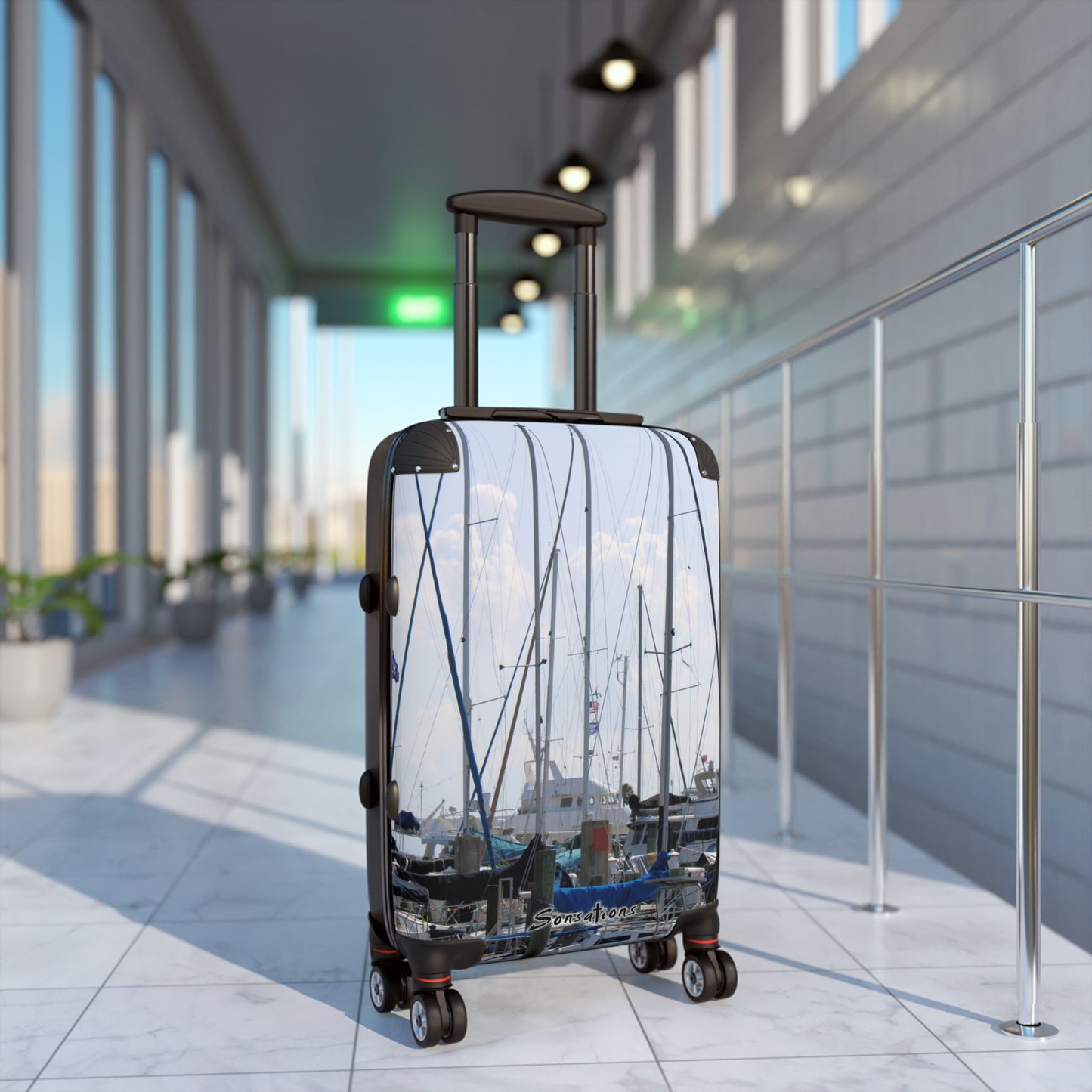 Nautical design suitcase travel luggage with scenic marina print and four durable wheels
