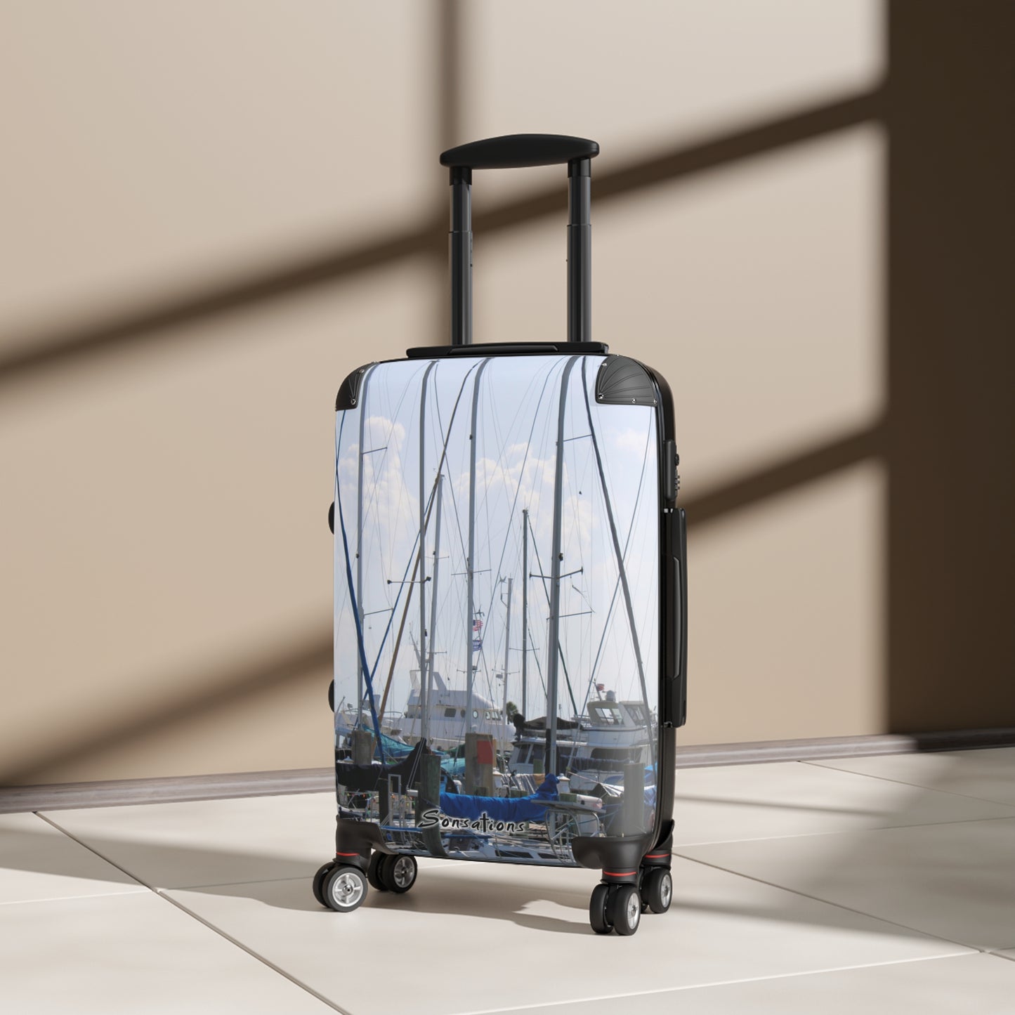 Nautical design suitcase travel luggage featuring a vibrant marina scene with boats and masts