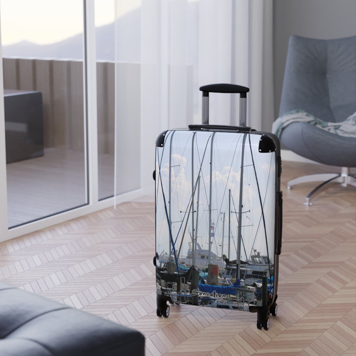 Nautical design suitcase travel luggage with boat and marina print, perfect for stylish travelers