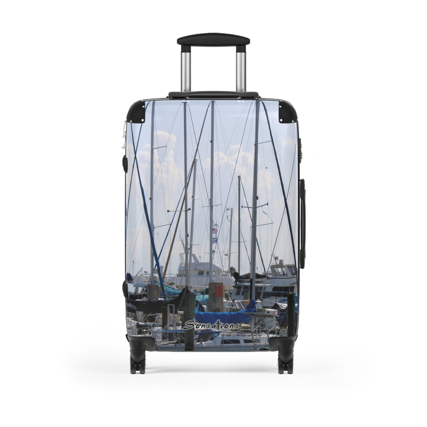 Nautical design suitcase travel luggage featuring a scenic marina view with sailboats and clear skies