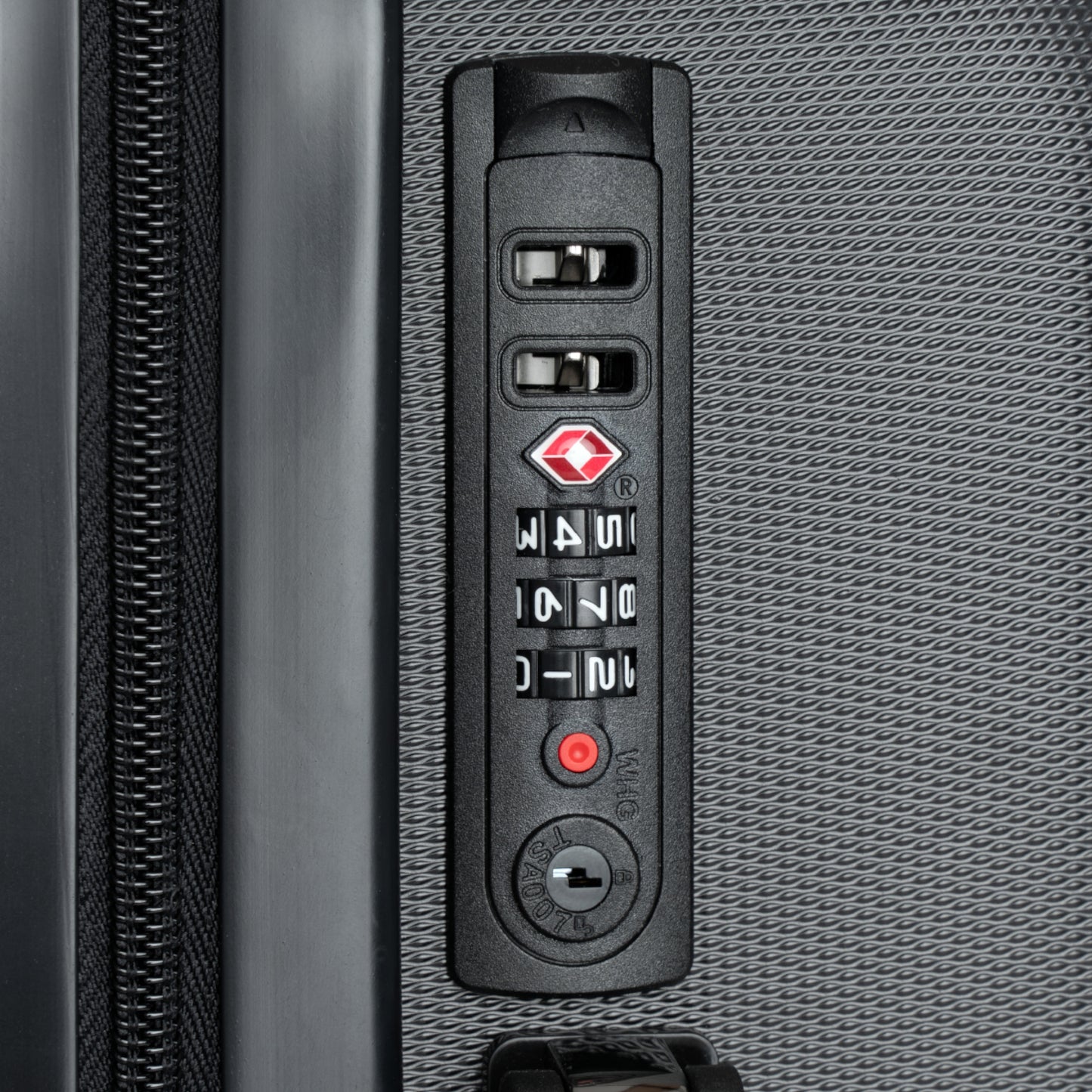 Close-up of a black suitcase with a combination lock, featuring a nautical design suitcase travel luggage