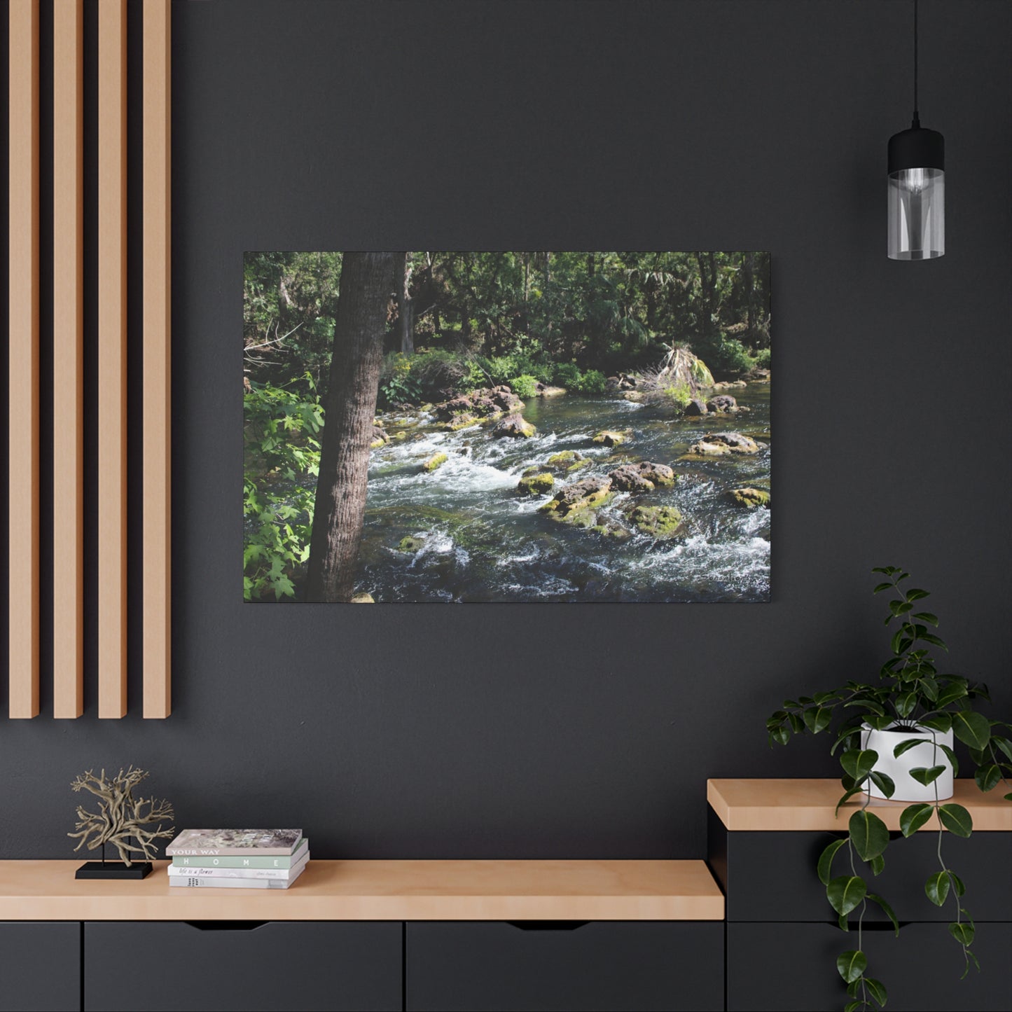 River Rapids Print Gift showcasing a serene water landscape with lush greenery on a wall