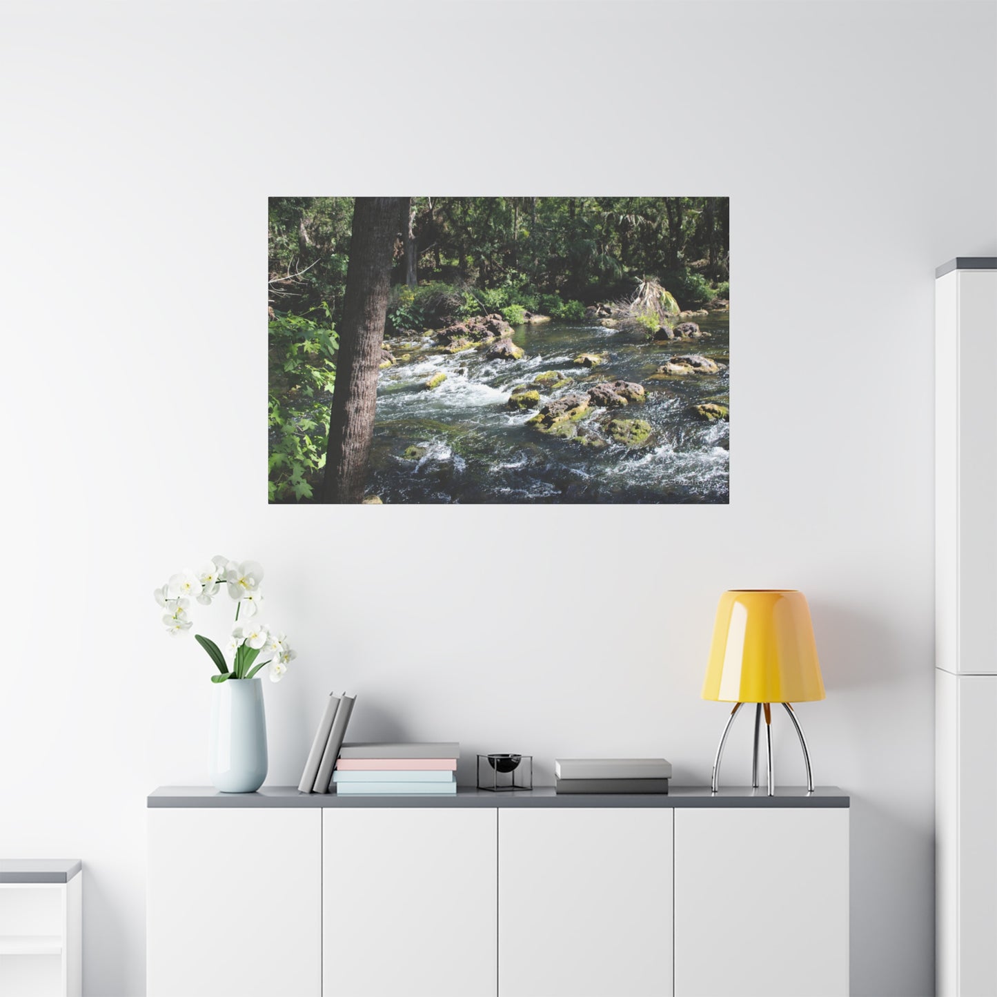 Beautiful River Rapids Print Gift displayed on a wall featuring lush greenery and flowing water