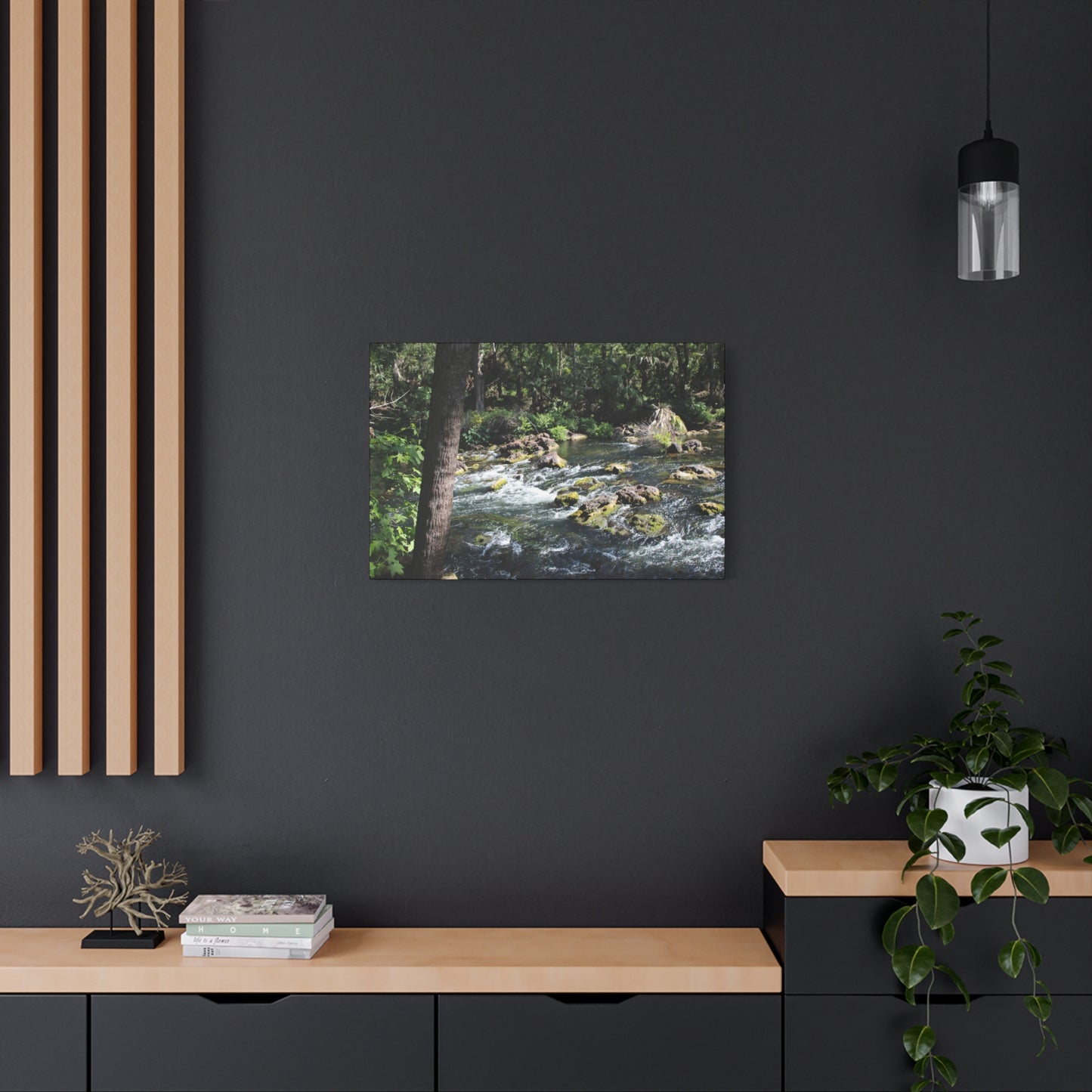 River Rapids Print Gift on a modern wall, showcasing serene green nature and flowing water