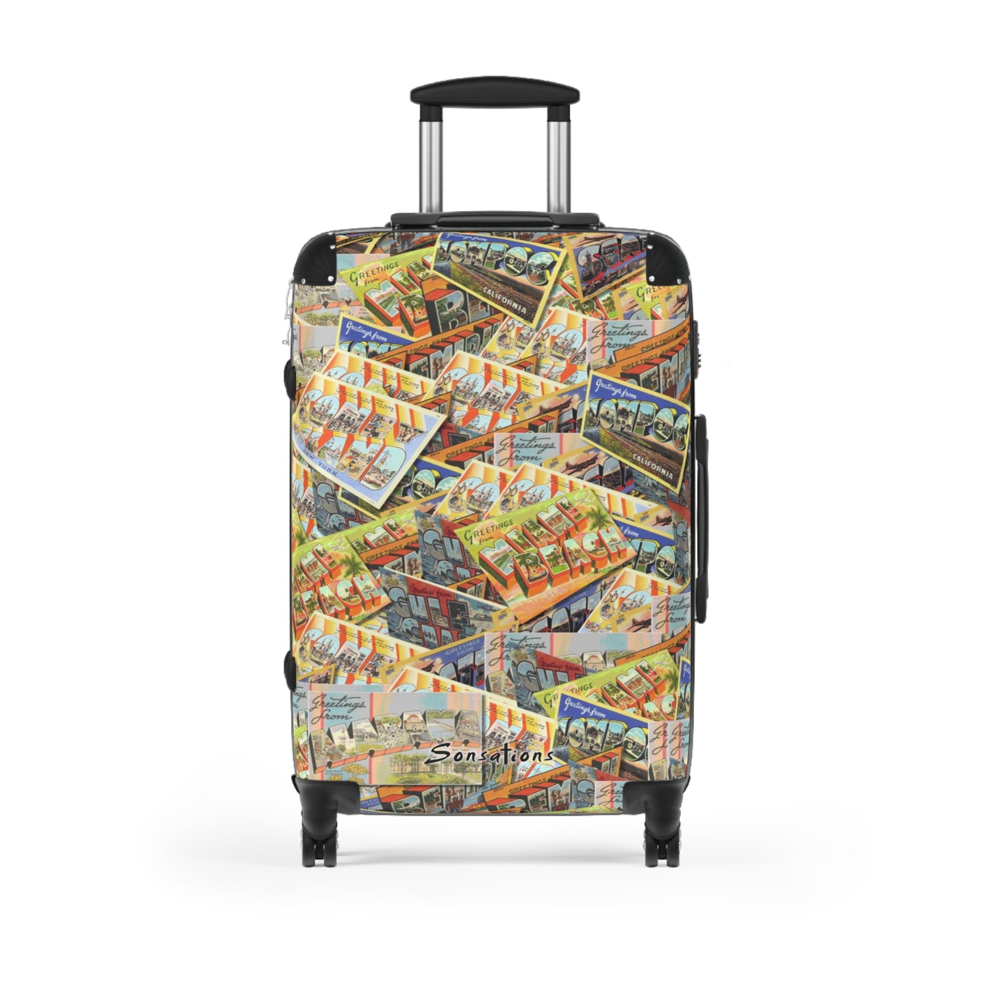 Retro postcard luggage featuring colorful vintage postcard designs for stylish travel