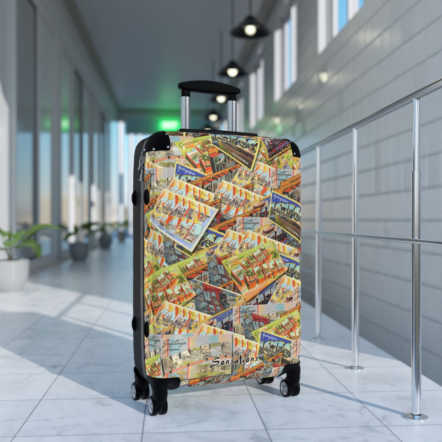 Colorful retro postcard luggage with vibrant design, perfect for travel enthusiasts