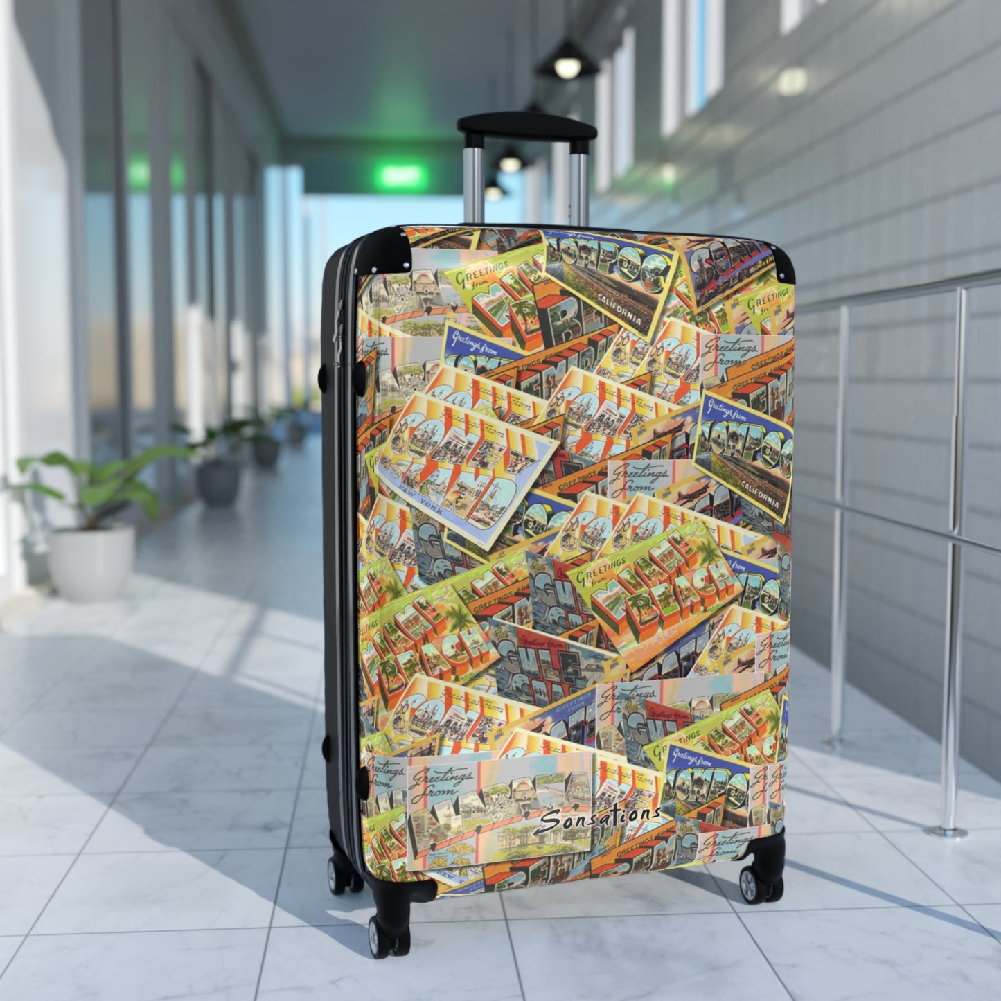 Retro postcard luggage featuring vibrant vintage designs for stylish travel adventures