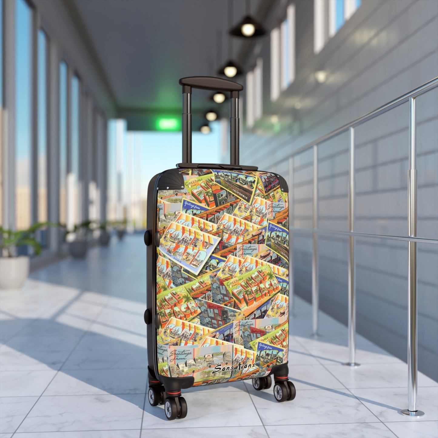 Stylish suitcase featuring a retro postcard luggage design for trendy travelers