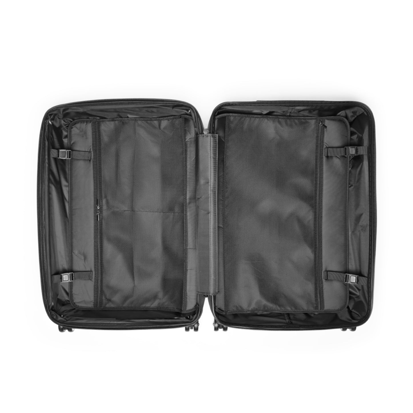 Interior view of a spacious retro postcard luggage with multiple compartments for organized packing