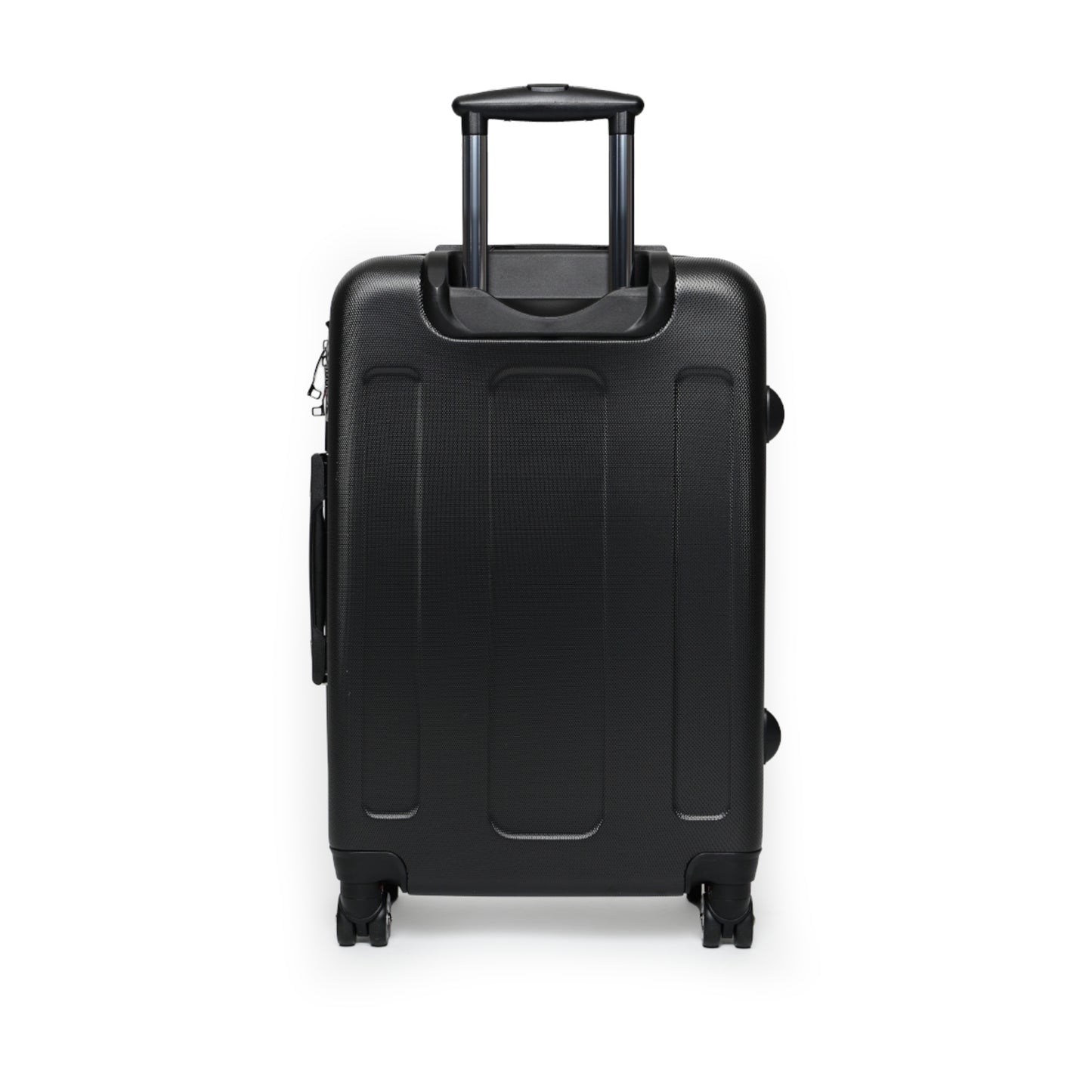 Black hard-shell suitcase with wheels and telescopic handle for travel, featuring retro postcard luggage design