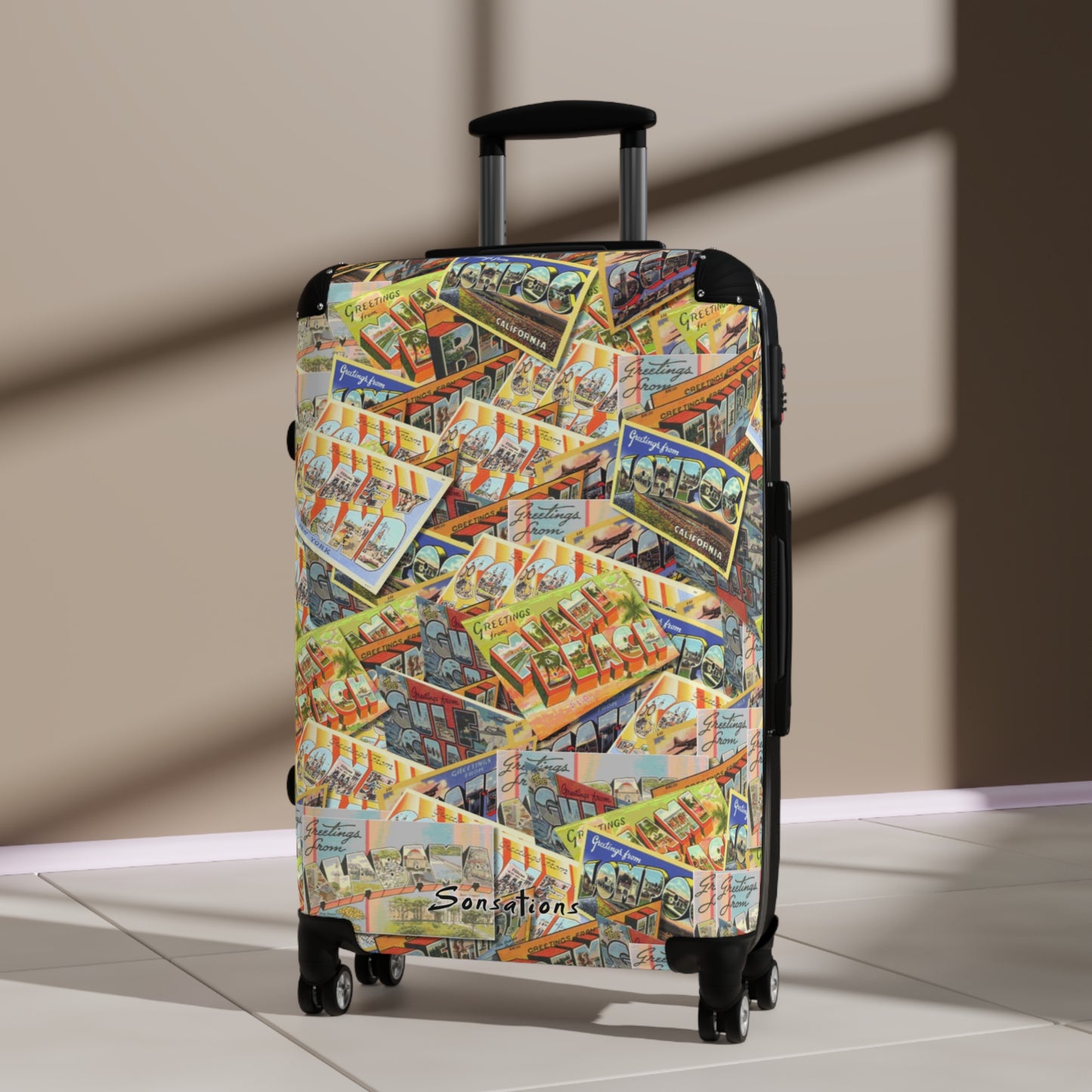 Retro postcard luggage with colorful vintage postcard design, perfect for travel enthusiasts