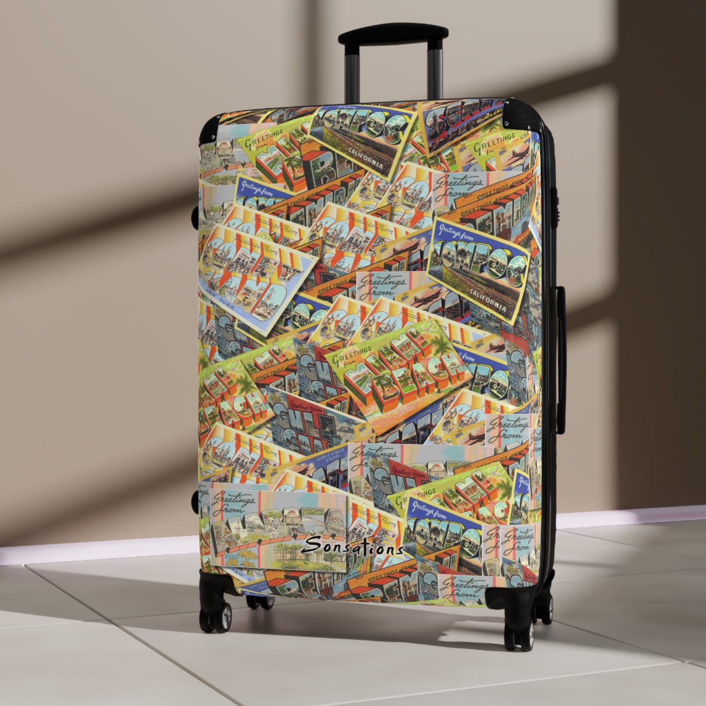 Retro postcard luggage featuring vibrant vintage postcard designs on a hard-shell suitcase