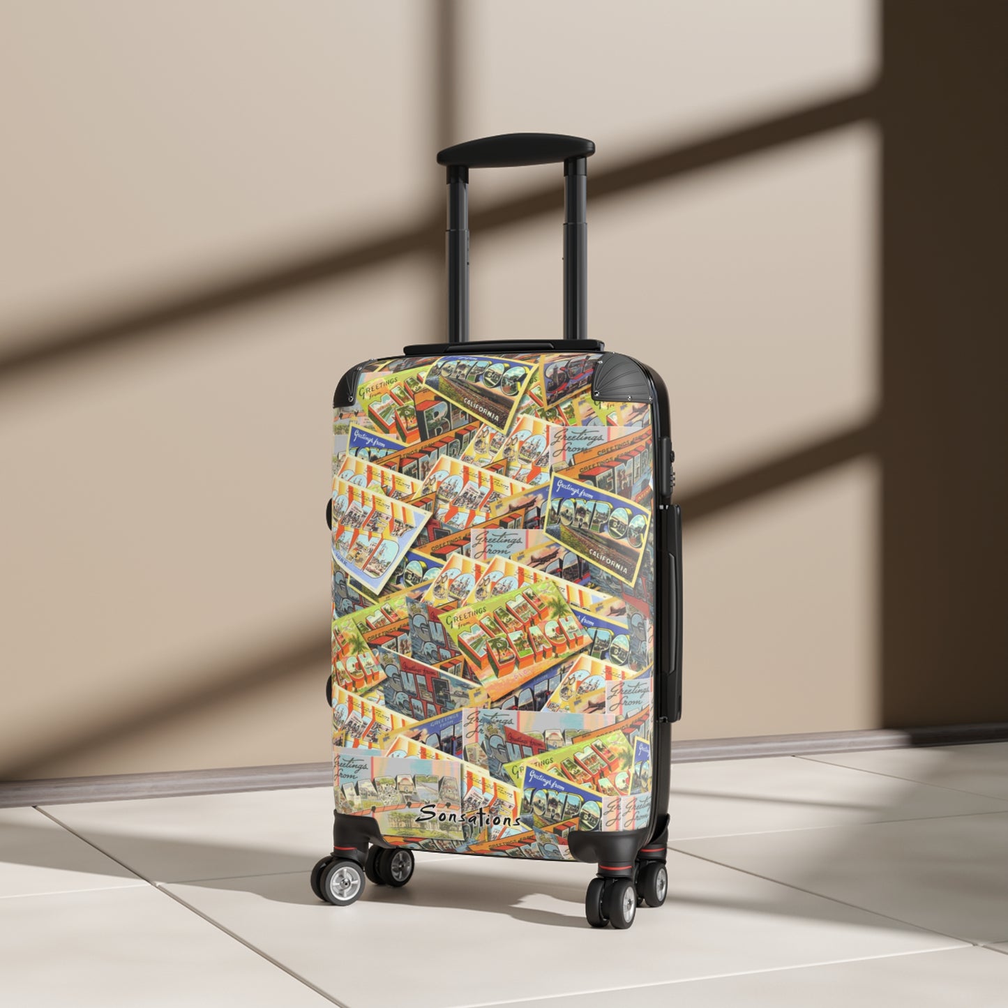 Colorful retro postcard luggage with a vibrant design perfect for travel enthusiasts